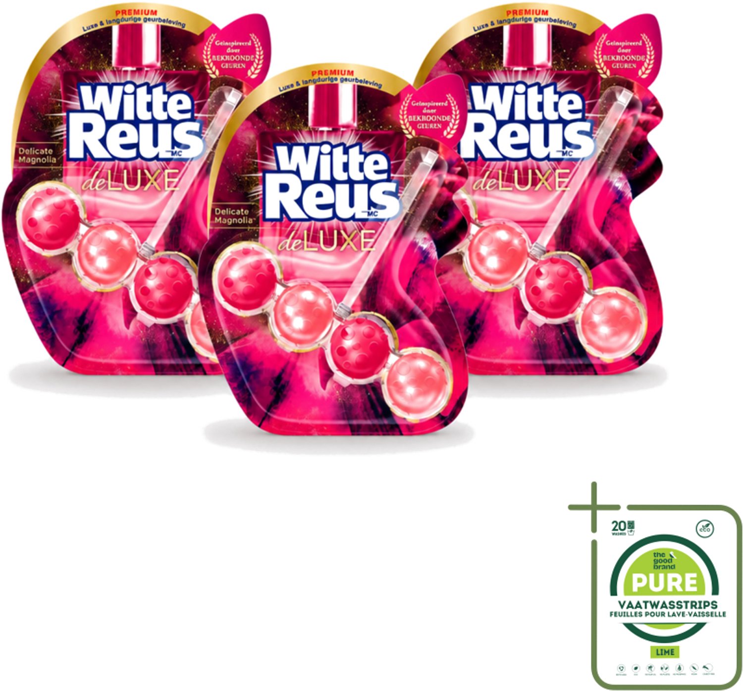 3 x Witte Reus - DeLuxe Toiletblok - Delicate Magnolia - 1 Toiletblok - Grootverpakking - Vaatwasstrips - Toiletgeur - Reinigingsblok - Magnoliageur - Toilet Reinigen - Kalkvoorkomend