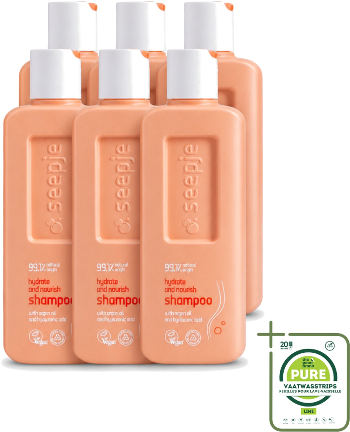 6 x Seepje - Hydrate & Nourish Shampoo - Intense Hydratatie voor Gezond Haar - 300 ml - Grootverpakking - Vaatwasstrips - Hydratatie Haar - Natuurlijke Shampoo - Voedend Haar - Droog Haar - Beschadigd Haar