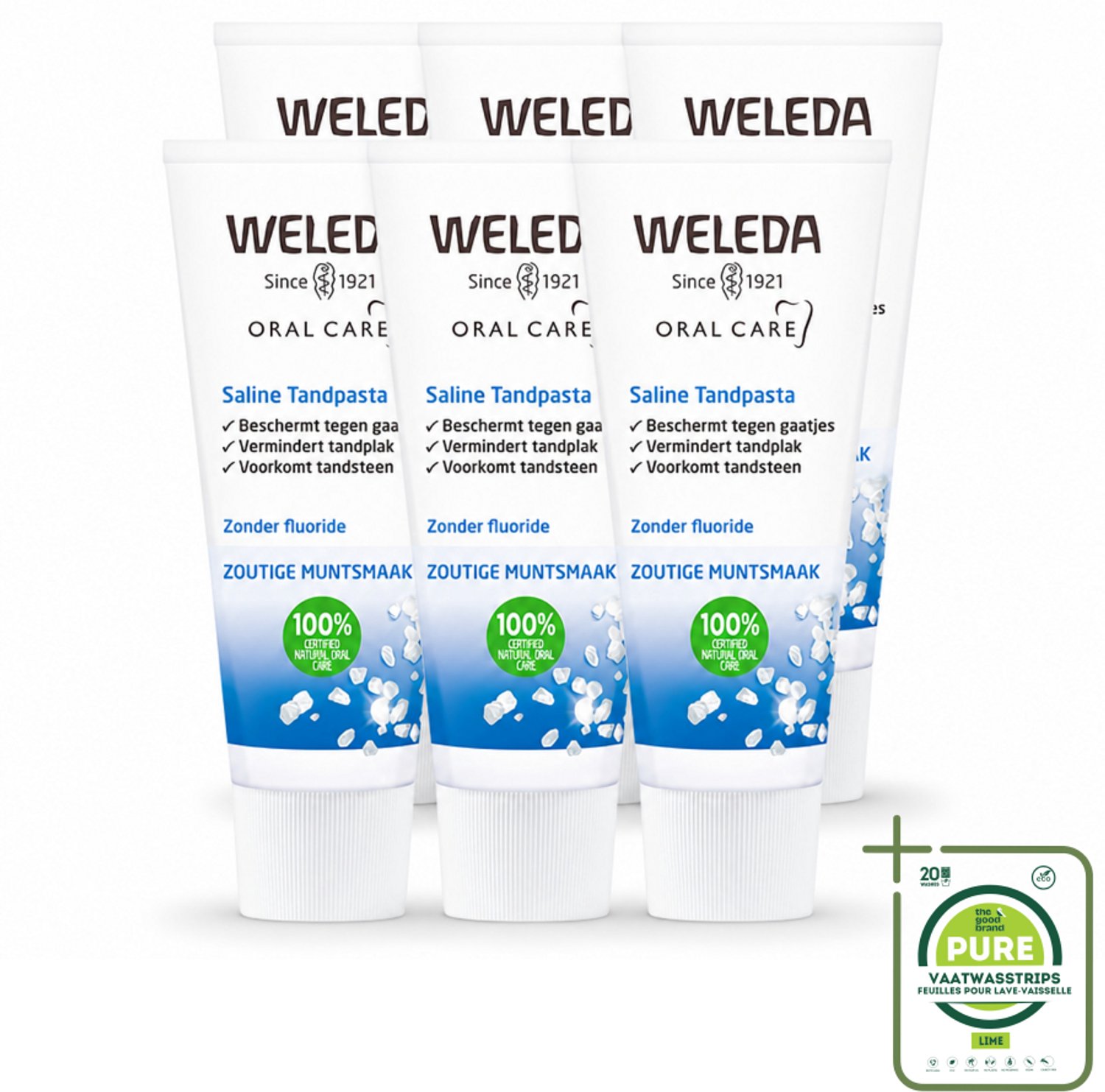 6 x WELEDA - Tandpasta Saline - 75ml - Grootverpakking - Vaatwasstrips - Tandpasta - Zeezout - Mondgezondheid - Tandplak - Tandsteen