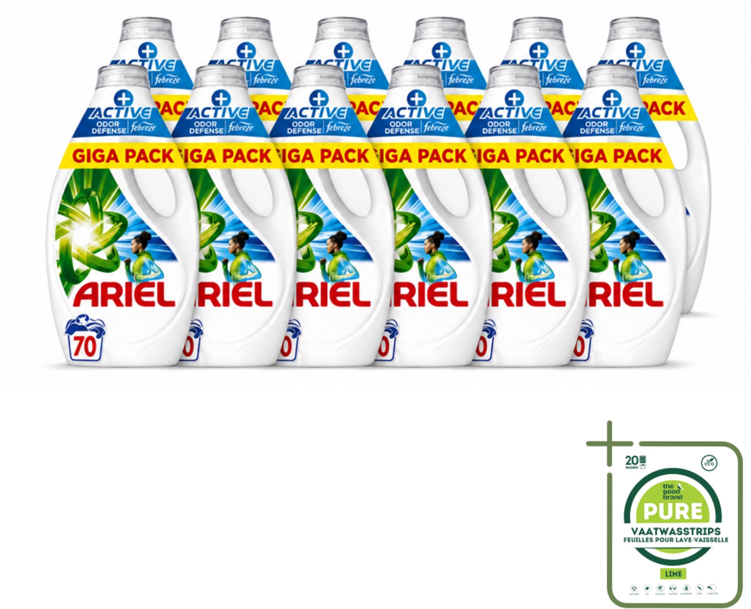12 x Ariel - Vloeibaar Wasmiddel - +Actieve Odor Defense - 70 Wasbeurten - 3,15 liter - Grootverpakking - Vaatwasstrips - Vloeibaar Wasmiddel - Geurbestrijding - Zweetgeuren - Koud Water - Vlekken Verwijderen