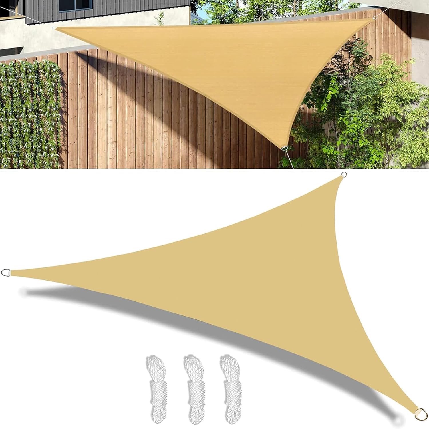 Zonnezeil, driehoekig met bevestigingskoorden, hoogwaardig polyetheen met hoge dichtheid, 3 x 2,5 x 2,5 m, ademend zonnezeil, 95% uv-bescherming voor buiten, terras, balkon, tuin, grijs (geel)