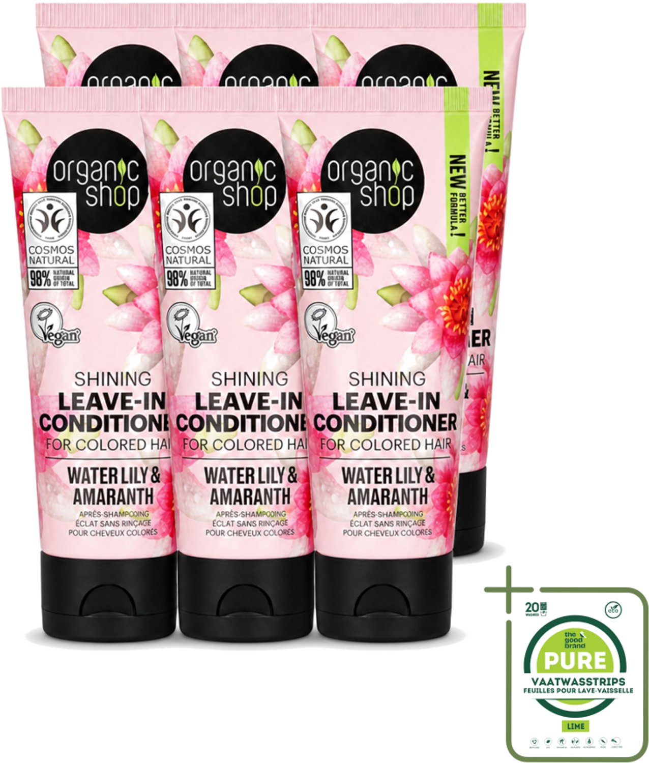 6 x Organic Shop - Shining Leave-In Conditioner Water Lily & Amaranth - 75 ml - Grootverpakking - Vaatwasstrips - Haarkleur Bescherming - Natuurlijke Haarkleur - Gezond Haar - Haarverzorging - Leave-in Conditioner