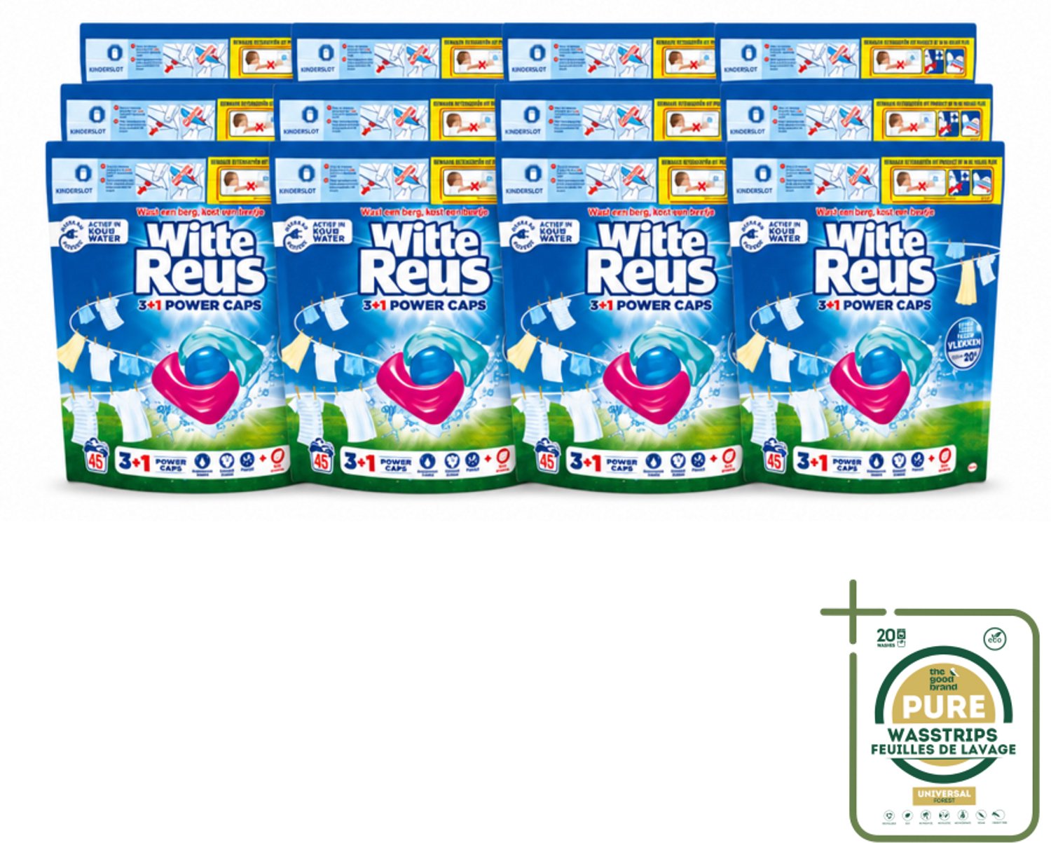 12 x Witte Reus - 3+1 Power Caps - Witte Was - 45 Wasbeurten - Wasstrips - Wasmiddel - Witte Was - Wascapsule - 3-in-1 Wasmiddel - Vlekverwijdering
