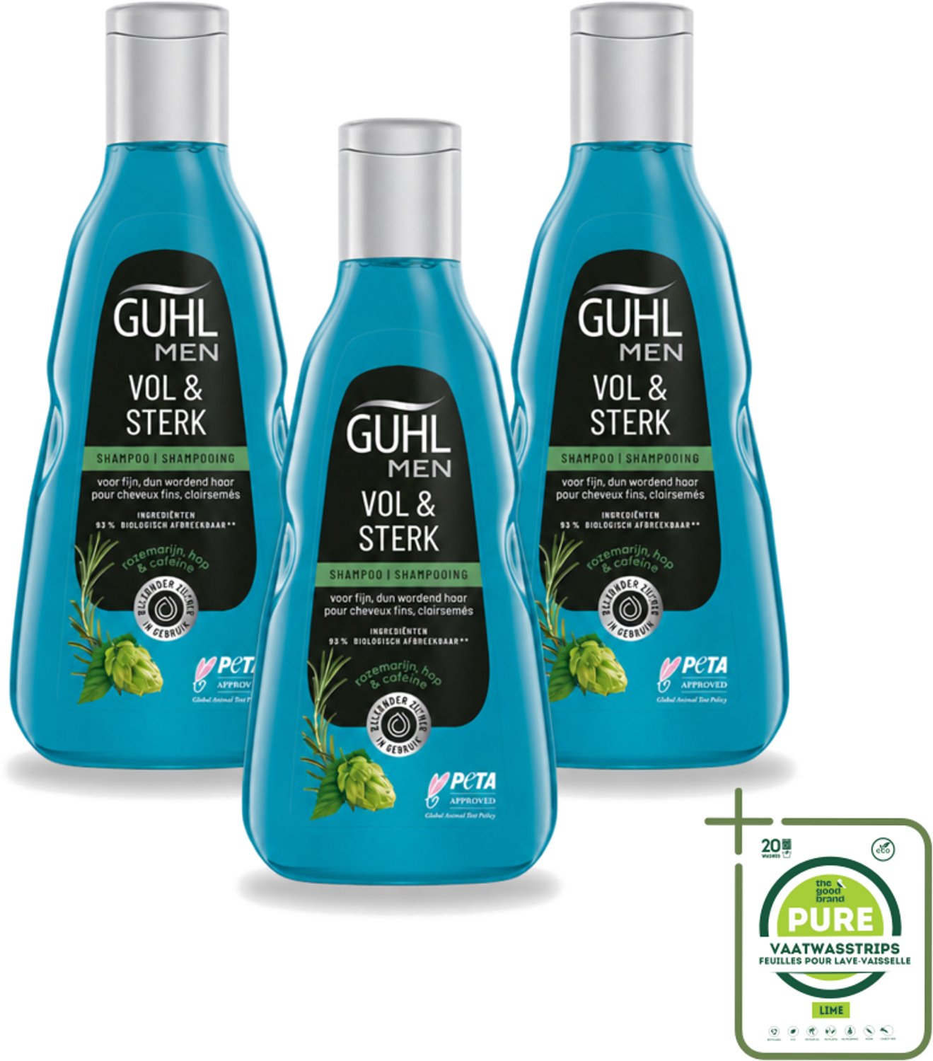 3 x Guhl - Shampoo - Men Vol & Sterk - 250 ml - Grootverpakking - Vaatwasstrips - Mannenhaar - Volume - Kracht - Vitaliteit - Cafeïne