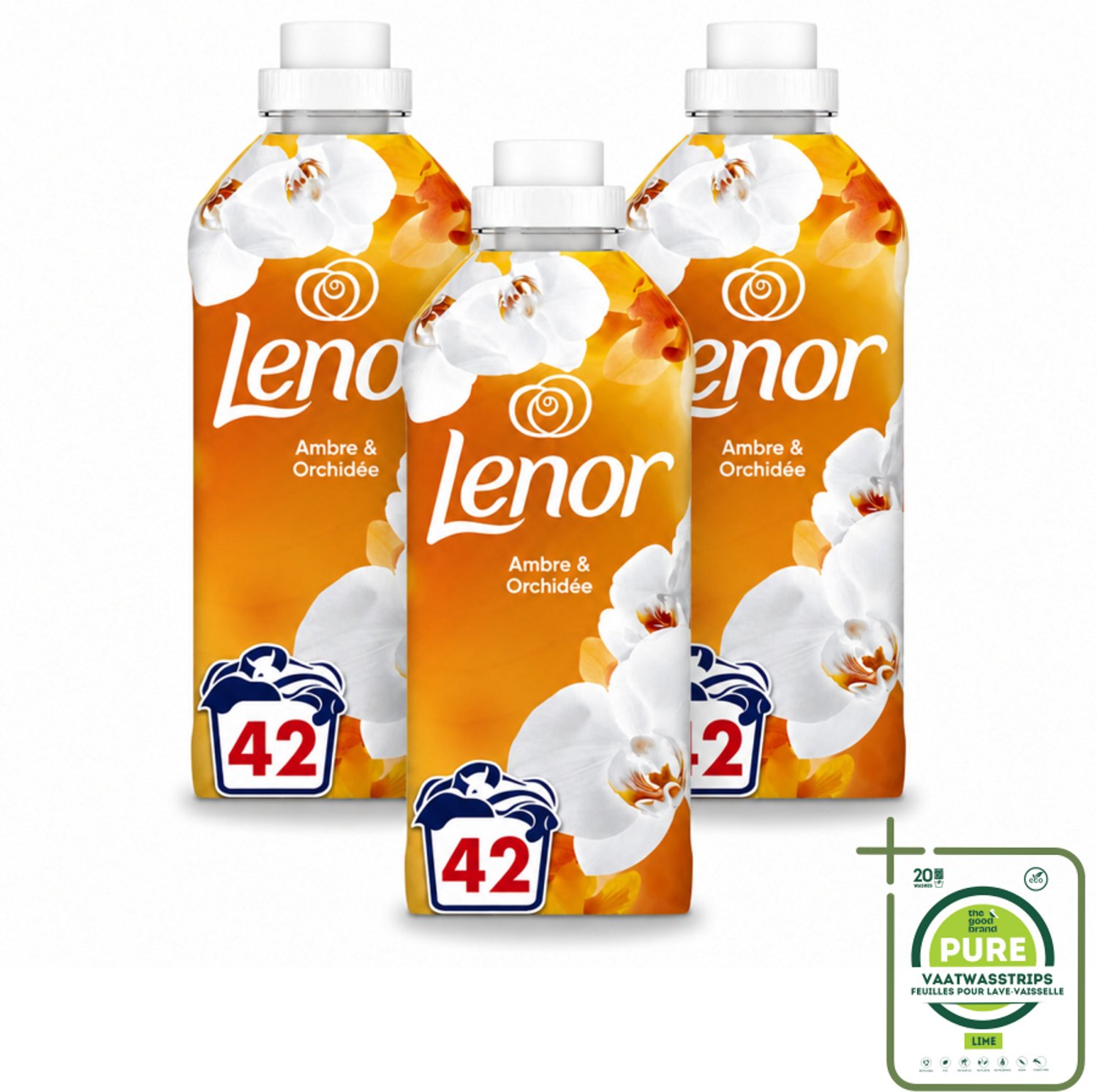 3 x Lenor - Wasverzachter - Amber & Orchidee - Fris & Zacht - 42 Wasbeurten - Grootverpakking - Vaatwasstrips - Wasverzachter - Geur - Ontspanning - Frisheid - Wasmachine