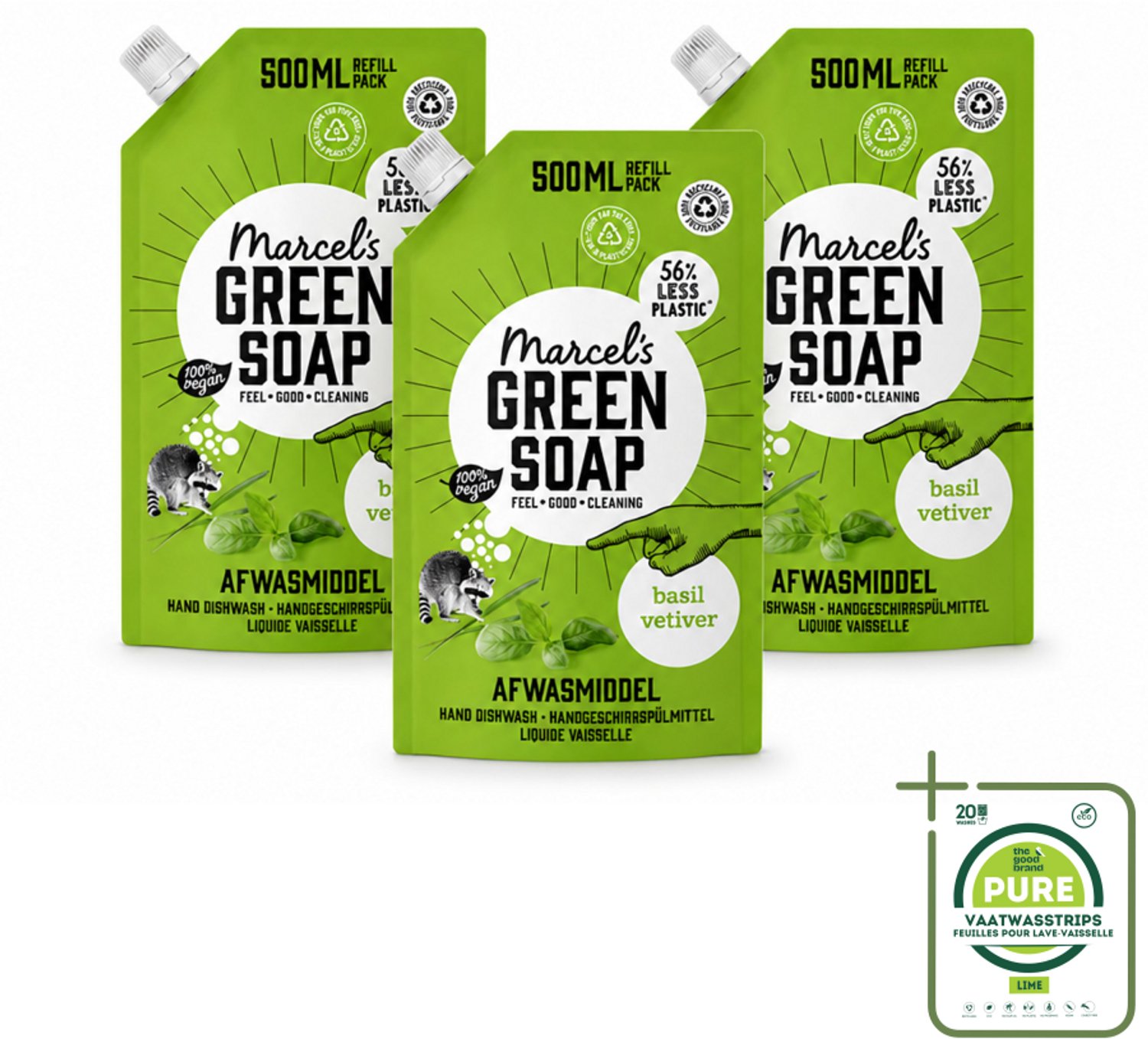 3 x Marcel's Green Soap - Navulling - Afwasmiddel - Basilicum & Vetiver Gras - Plantaardig & duurzaam - 500 ml - Grootverpakking - Vaatwasstrips - Afwasmiddel - Navulverpakking - Basilicum - Vetiver - Plantaardig