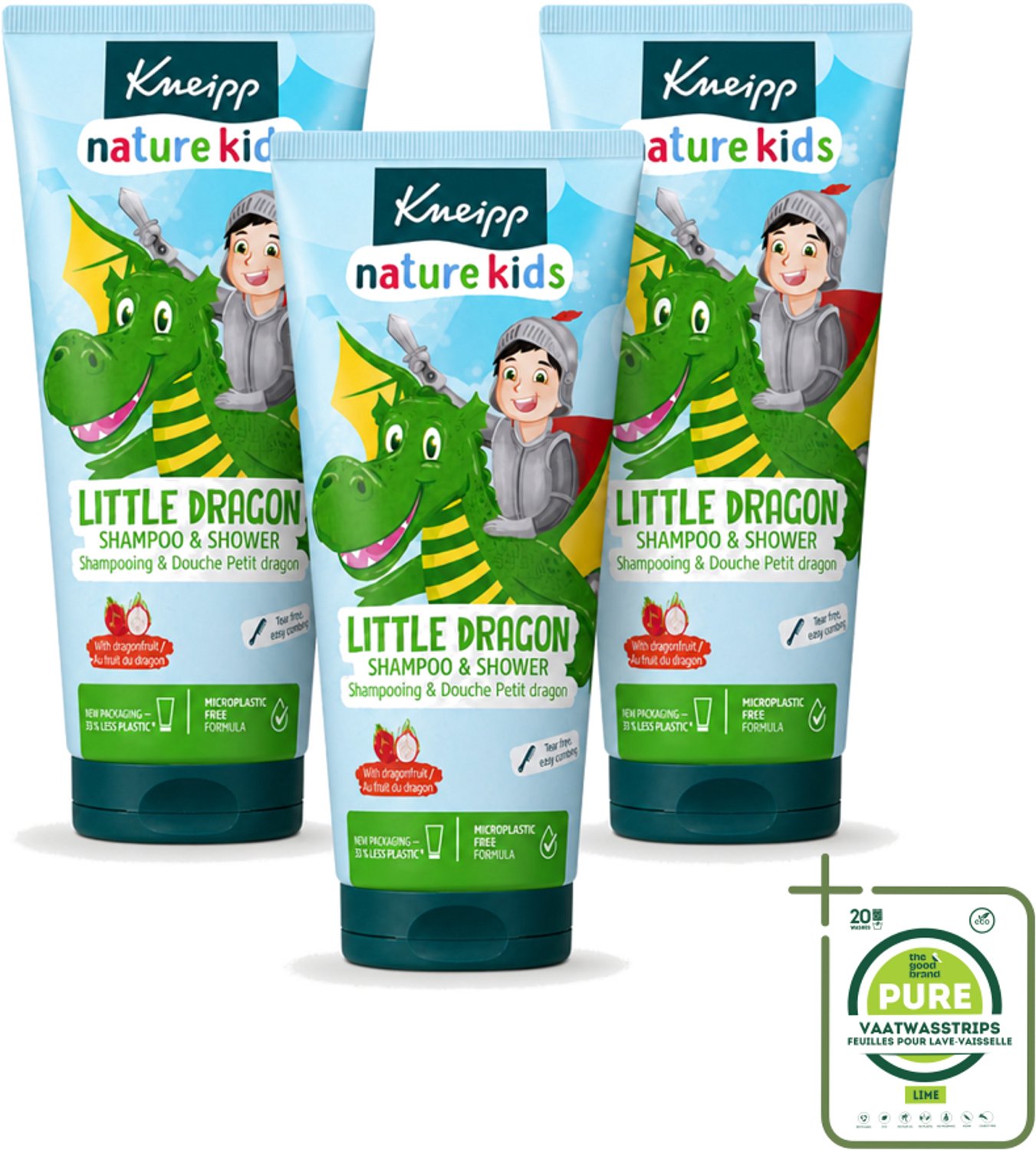 3 x Kneipp - Shampoo & Showergel - Little Dragon - 200 ml - Grootverpakking - Vaatwasstrips - Kinderbad - Kinderhaar - Douchegel - Shampoo - Geur Dragonfruit