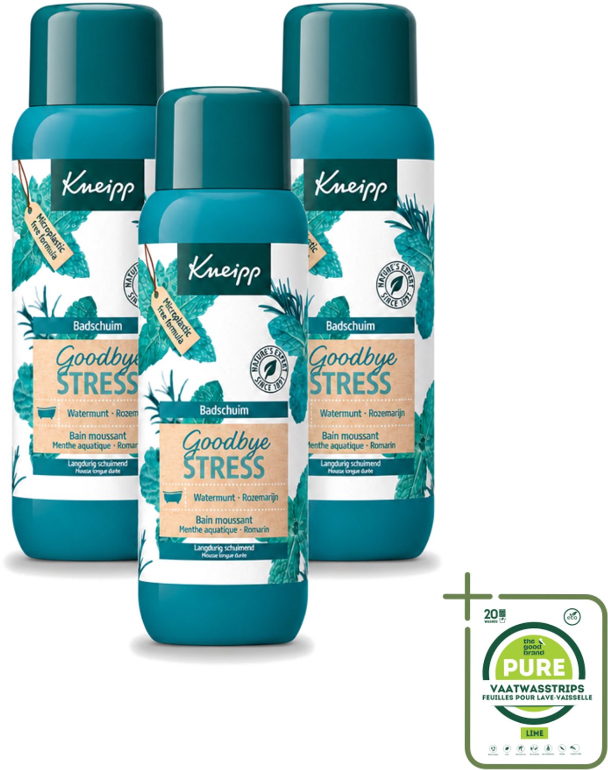 3 x Kneipp - Badschuim - Goodbye Stress - Watermunt & Rozemarijn - 400 ml - Grootverpakking - Vaatwasstrips - Stressvermindering - Badschuim - Watermunt - Rozemarijn - Ontspanning