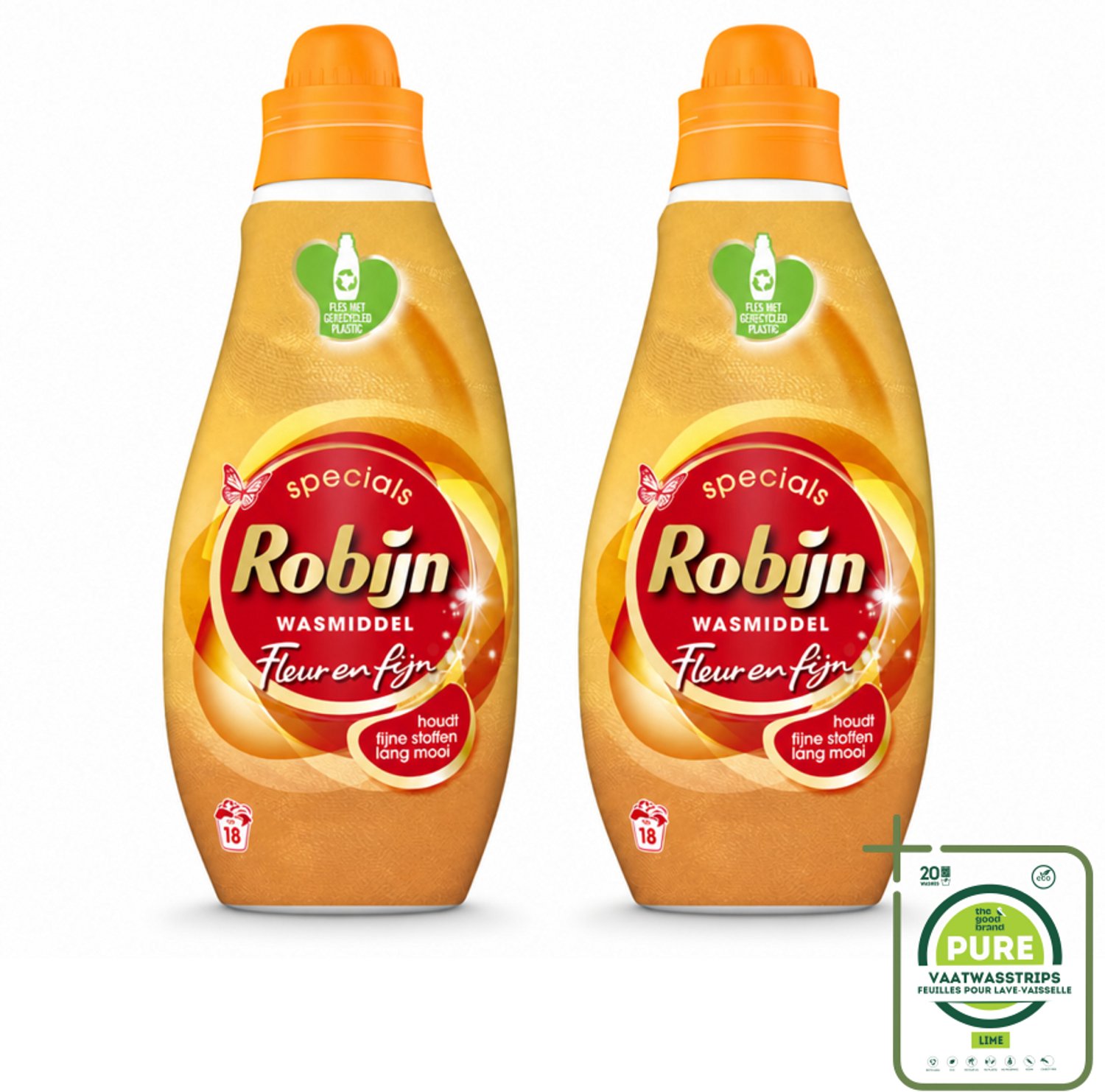 2 x Robijn Specials - Fleur & Fijn - Vloeibaar Wasmiddel - 18 Wasbeurten - Grootverpakking - Vaatwasstrips - Fijne Was - Wasmiddel - Kleurbehoud - Delicate Stoffen - Biologisch Afbreekbaar