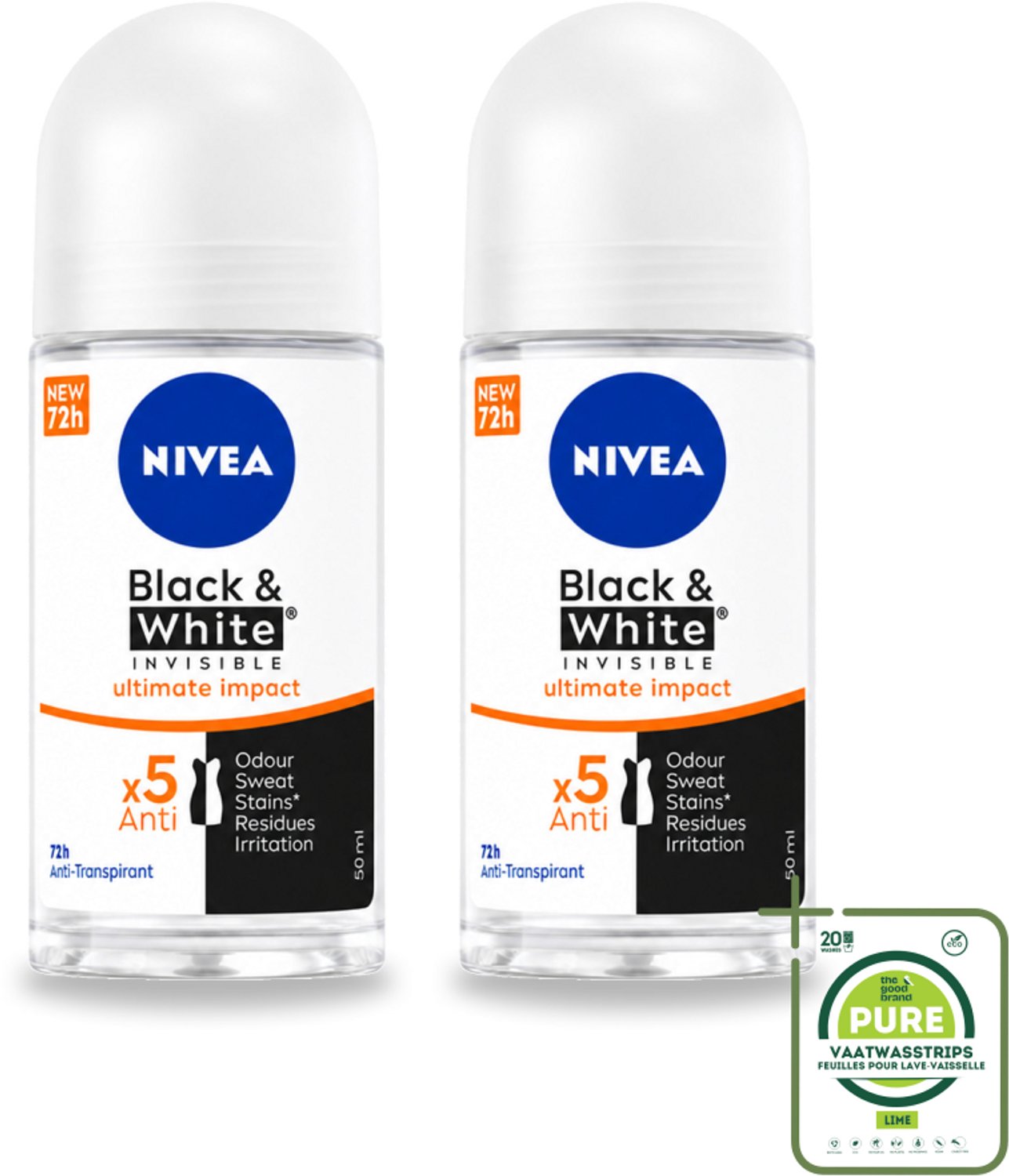 2 x NIVEA - Deodorant Roller - Zwart & Wit Ultieme Impact - 72 Uur Anti-Transpirant - 50 ml - Grootverpakking - Deodorant Roller - Anti-vlek - Anti-transpirant - Huidbescherming - Kledingbescherming
