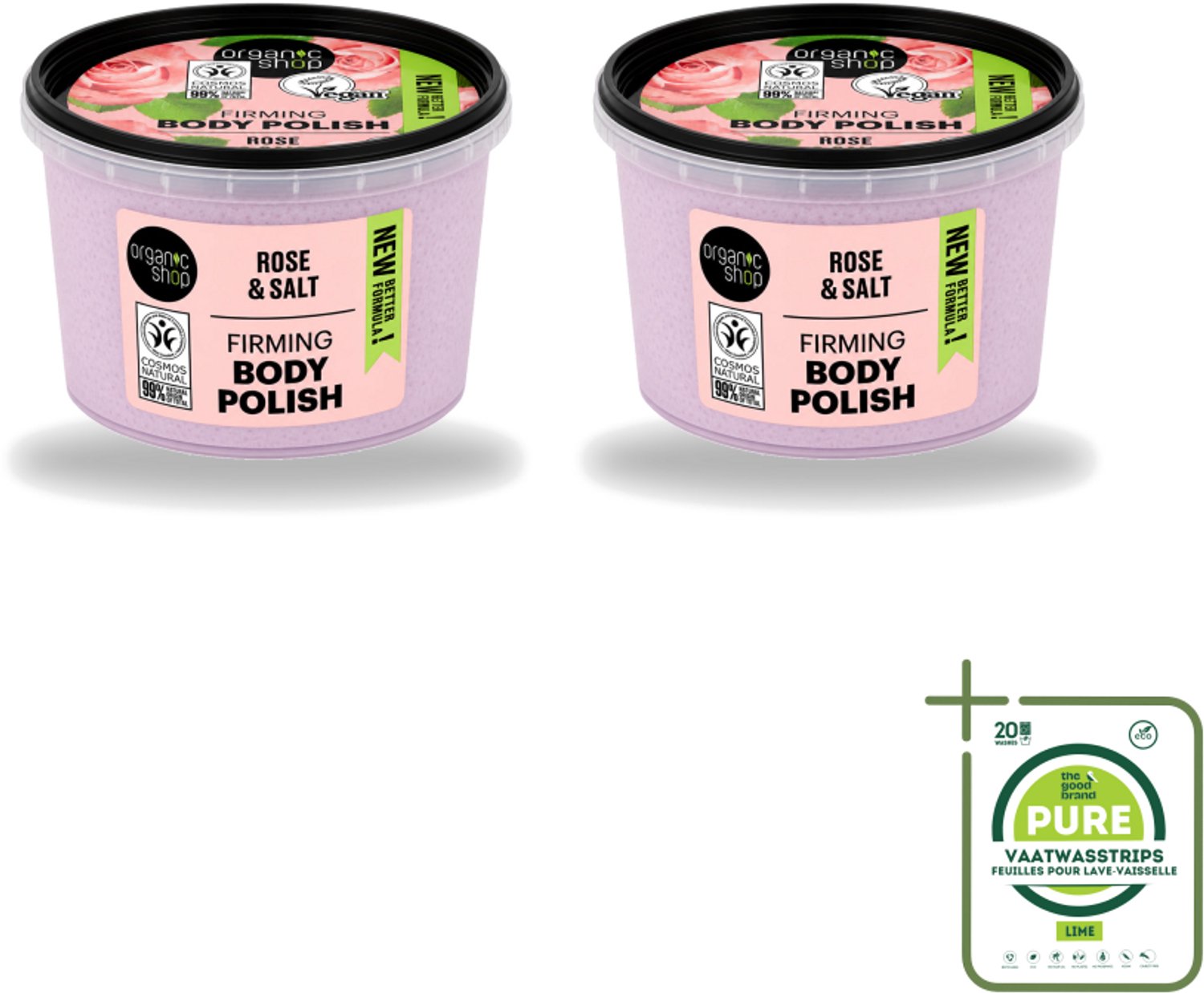 2 x Organic Shop - Body Scrub Rose - Hydraterend en Verzorgend - 250 ml - Grootverpakking - Vaatwasstrips - Bodyscrub - Huidverzorging - Exfoliëren - Amandelolie - Rietsuiker