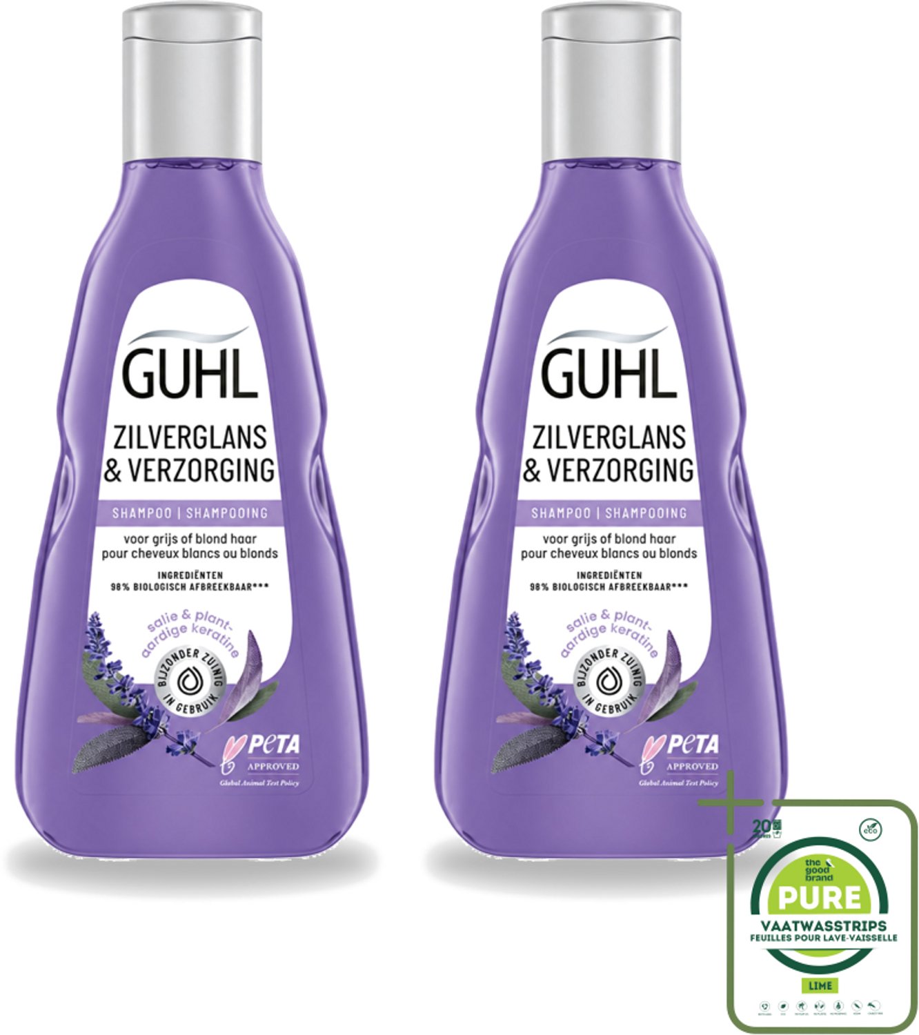 2 x Guhl - Shampoo - Zilverglans & Verzorging - 250 ml - Grootverpakking - Vaatwasstrips - Zilverglans Shampoo - Anti-geel Effect - Grijs Haar Verzorging - Blond Haar Verzorging - Haarkleur Verlichten