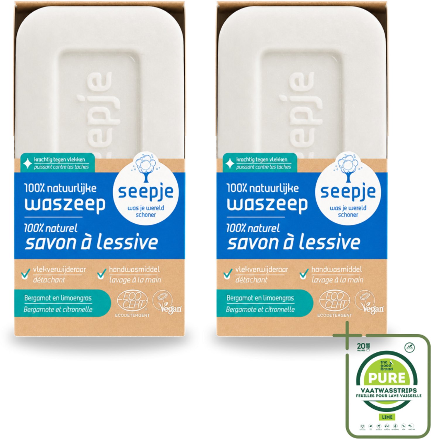 2 x Seepje - Waszeep - Handgemaakt & Natuurlijke Ingrediënten - Blok - 120 gr - Grootverpakking - Vaatwasstrips - Natuurlijke Wasmiddelen - Zeepblok - Vlekverwijderaar - Vegan Wasmiddel - Plasticvrije Verpakking