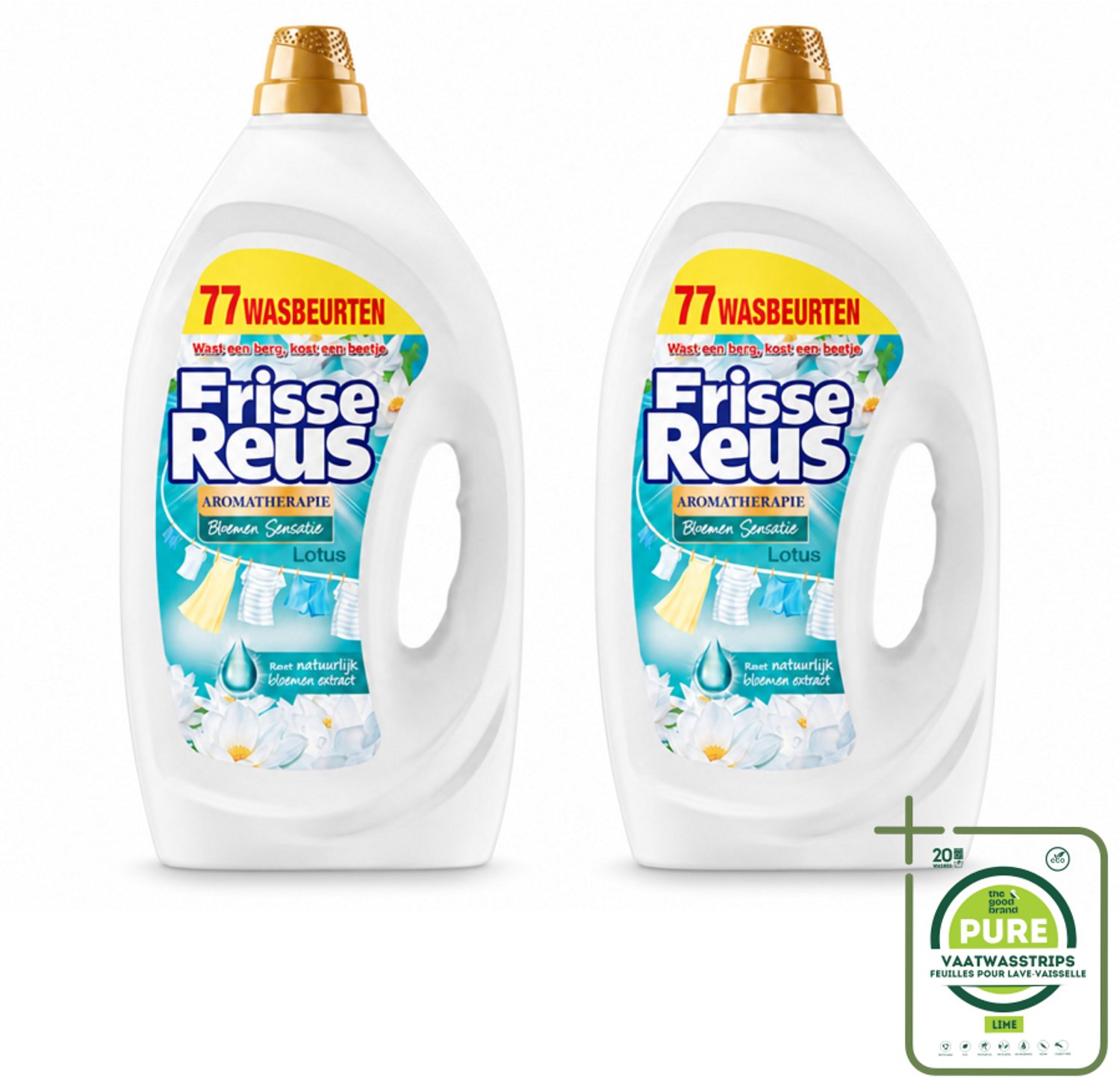 2 x Frisse Reus - Vloeibaar Wasmiddel - Lotus - Witte Was - 77 Wasbeurten - Grootverpakking - Vaatwasstrips - Witte Was - Frisse Was - Waskracht - Wasmiddel - Lotusgeur
