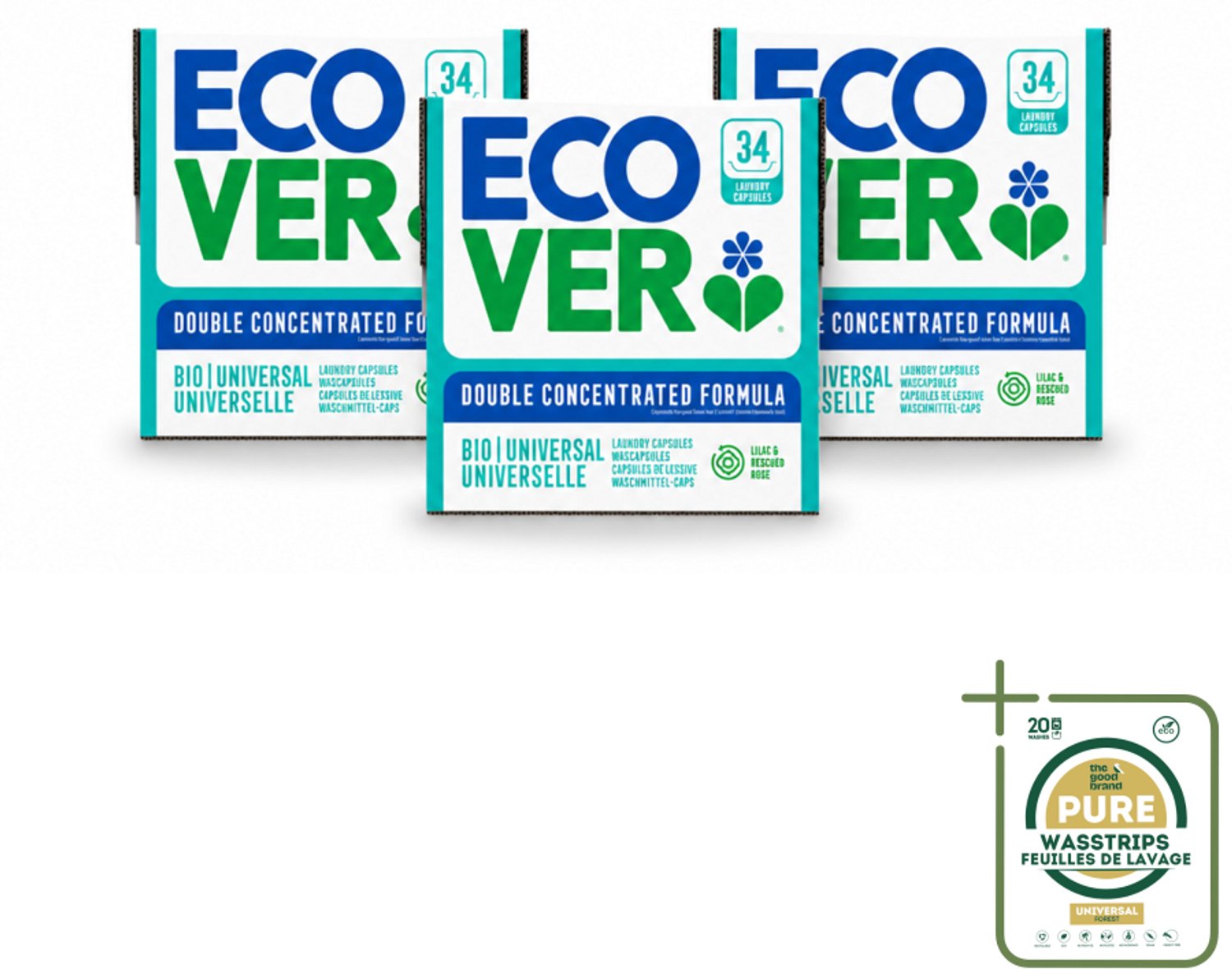 3 x Ecover - Waspods - Universeel - Geconcentreerde formule - 34 wasbeurten - Wasstrips - Wasmiddel - Waspods - Duurzame Was - Krachtige Reiniging - Wasbeurten