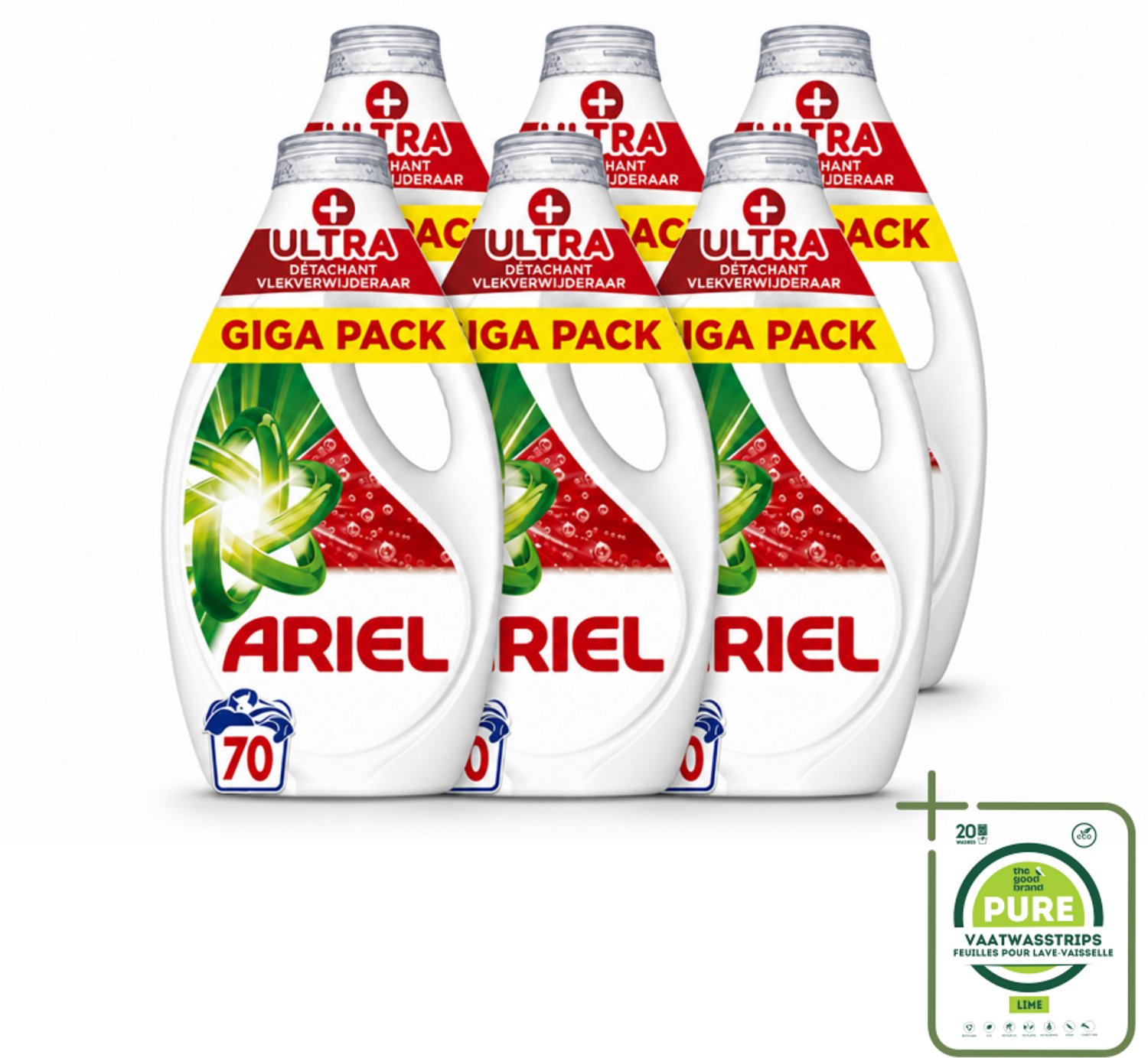 6 x Ariel - Vloeibaar Wasmiddel - +Ultra Vlekverwijderaar - 70 Wasbeurten - 3150 ml - Grootverpakking - Vaatwasstrips - Vlekverwijderaar - Wasmiddel - Vlekken - Wasprogramma - Koude Was