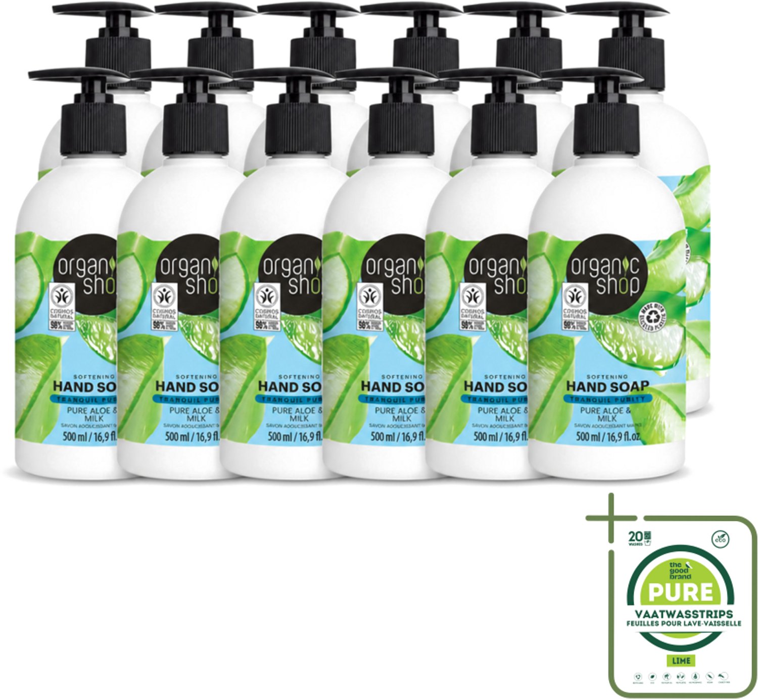 12 x Organic Shop - Handzeep Aloe & Milk - Verzachtend en Hydraterend - 500 ml - Grootverpakking - Vaatwasstrips - Handzeep - Natuurlijke Handzeep - Biologische Handzeep - Aloë Handzeep - Melkproteïnen Handzeep