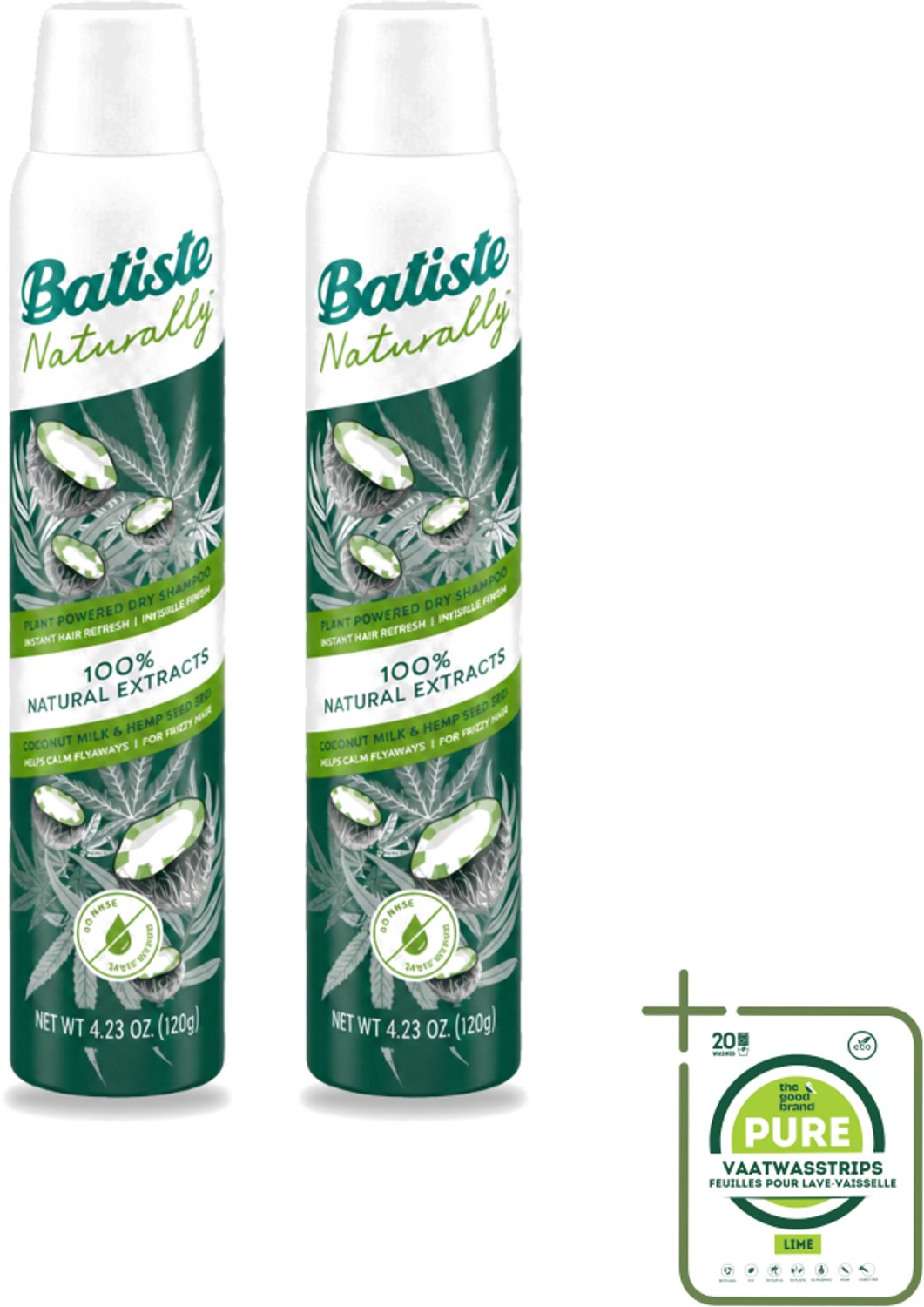 2 x Batiste - Naturally Coconut Milk & Hemp Seed Oil - Droogshampoo - Anti-Pluis en Verfrist - 100% Natuurlijk - 200ml - Grootverpakking - Vaatwasstrips - Natuurlijk Haarverzorging - Droogshampoo - Pluisvrij Haar - Kokosmelk - Hennepzaadolie