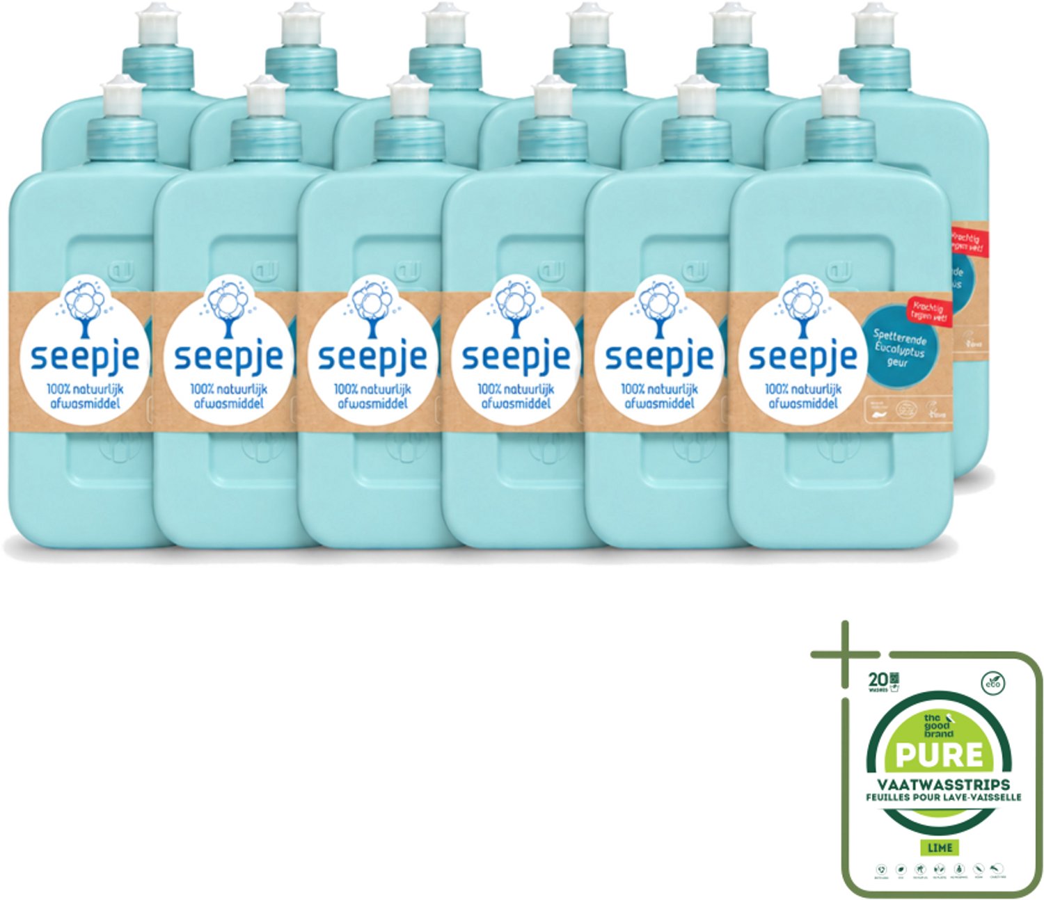 12 x Seepje - Afwasmiddel - Verfrissend & Zacht voor de Handen - Spetterende Eucalyptus - 500 ml - Grootverpakking - Vaatwasstrips - Afwasmiddel - Eucalyptus - Handen Reinigen - Natuurlijk Afwasmiddel - Vet Verwijderen