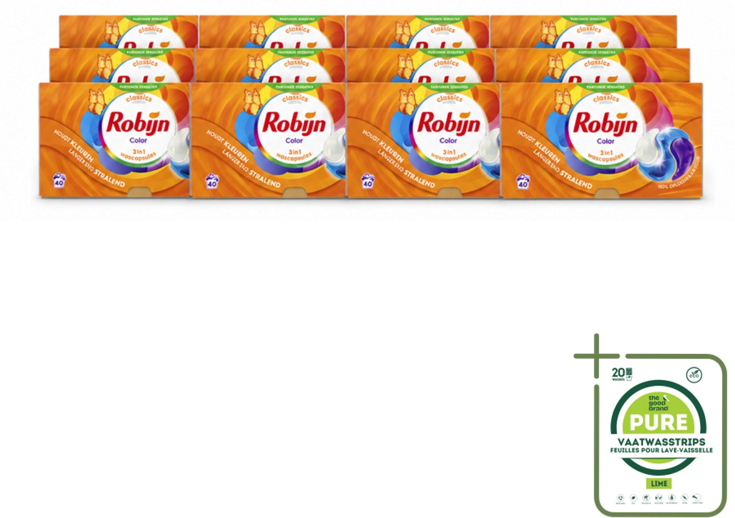 12 x Robijn - 3-in-1 Color - Wascapsules - 40 Wasbeurten - Grootverpakking - Vaatwasstrips - Wascapsules - Kleur - Wasverzachter - Wasmachine - Waskracht