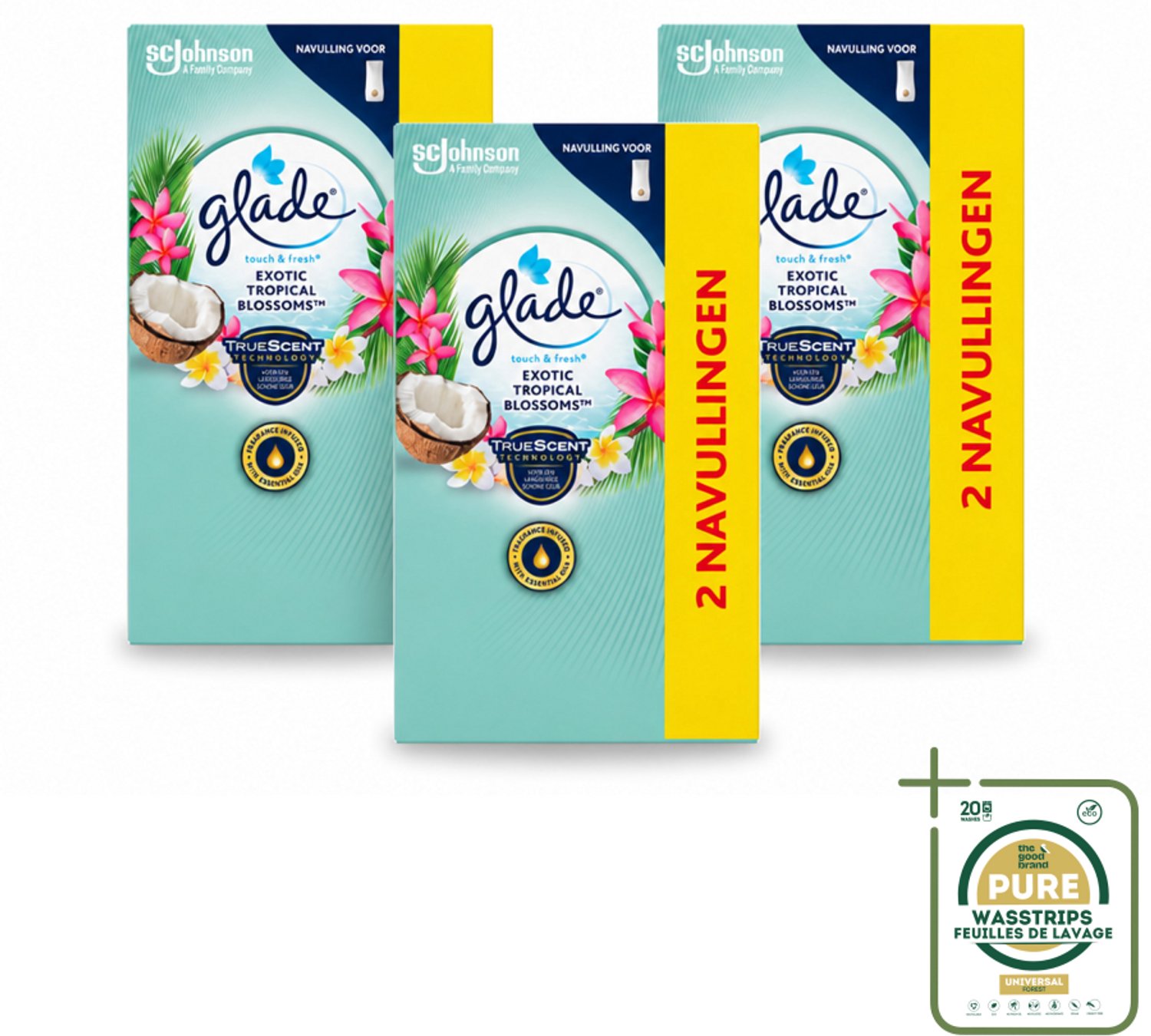 3 x Glade - Touch & Fresh - Exotic Tropical Blossoms - 2x 10 ml - Wasstrips - Luchtverfrisser - Geur - Geurbeleving - Frisheid - Geur In Huis