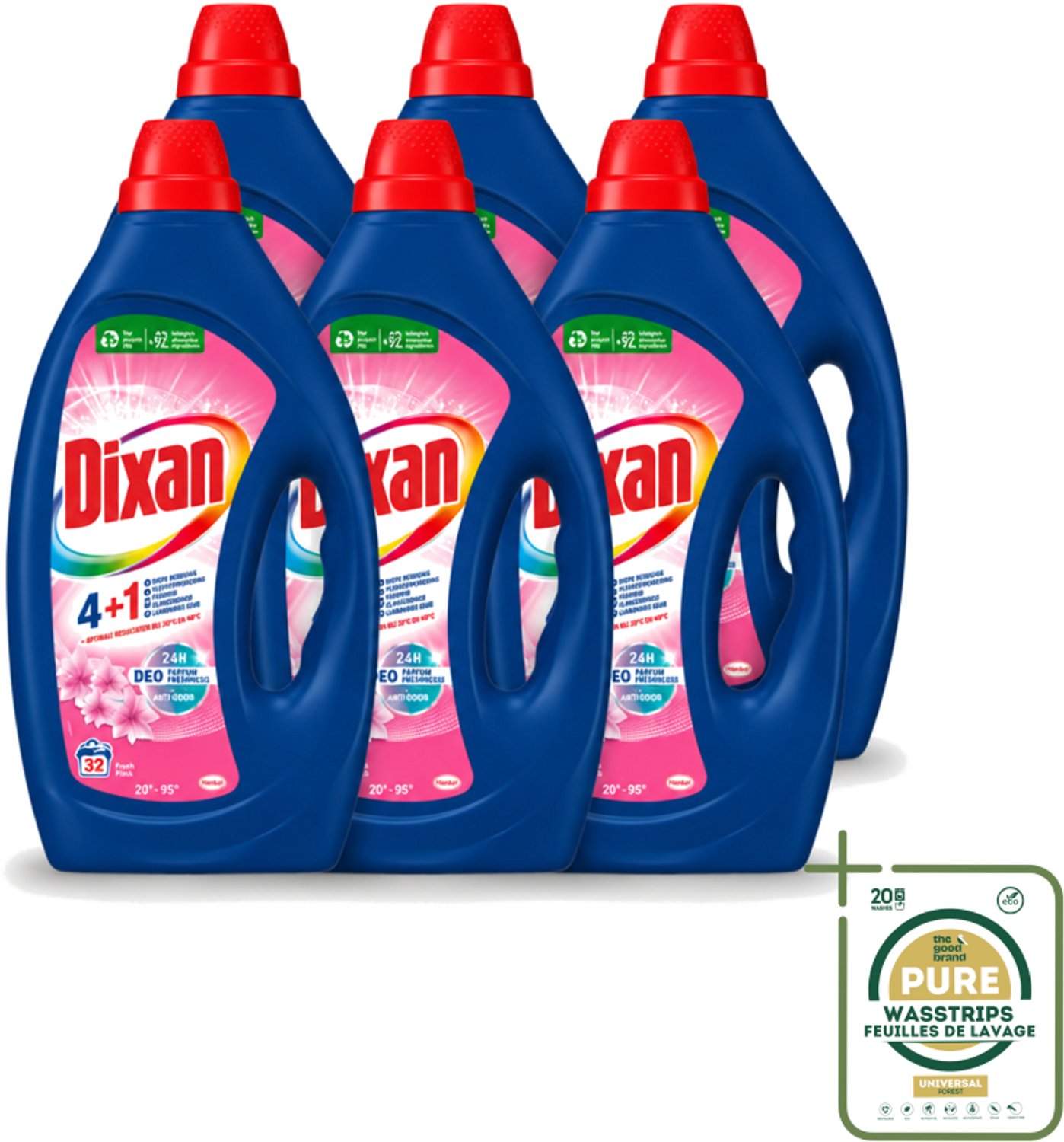 6 x Dixan - Vloeibaar wasmiddel - Fresh Pink - 32 wasbeurten - Wasstrips - Wasmiddel - Vloeibaar Wasmiddel - Frisheid - Anti-geur - Wasgeur