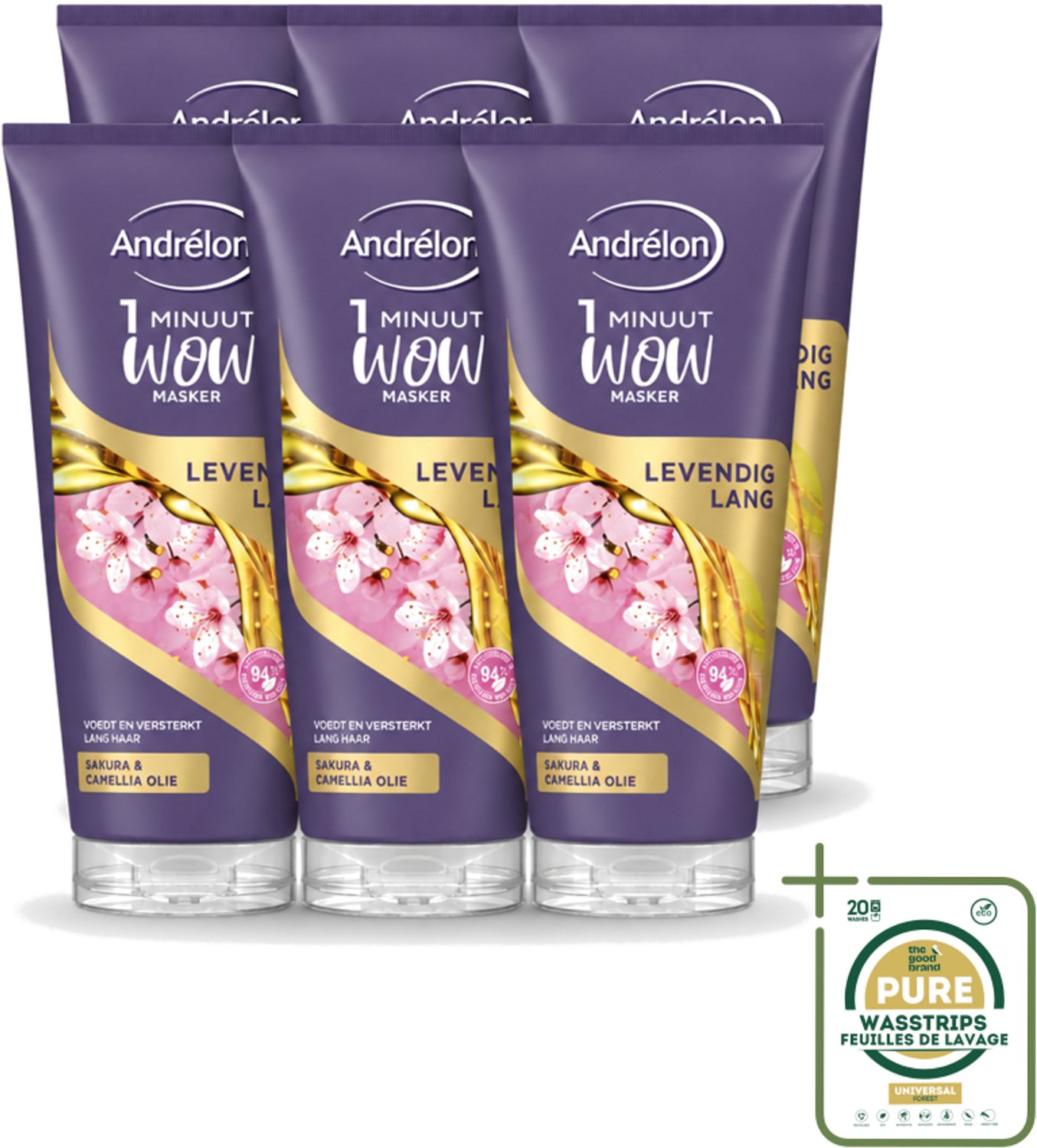 6 x Andrélon - WOW - Masker - Levendig Lang - 180 ml - Wasstrips - Haarmasker - Lang Haar - Intensieve Verzorging - 1 Minuut Masker - Sakra-olie