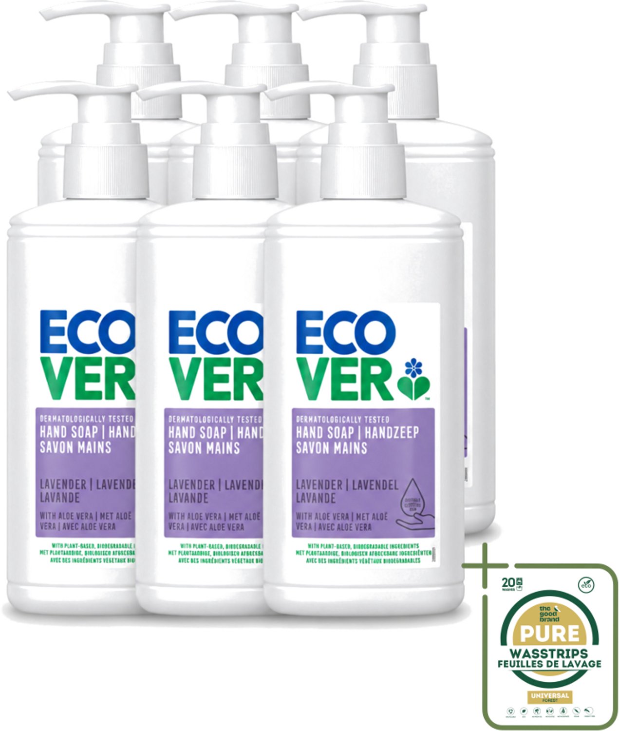 6 x Ecover - Handzeep - Lavendel & Aloë Vera - 250 ml - Wasstrips - Handzeep Lavendel Aloë Vera - Handzeep 250 Ml - Handzeep Voor Gevoelige Huid - Natuurlijke Handzeep - Handzeep Dermatologisch Getest