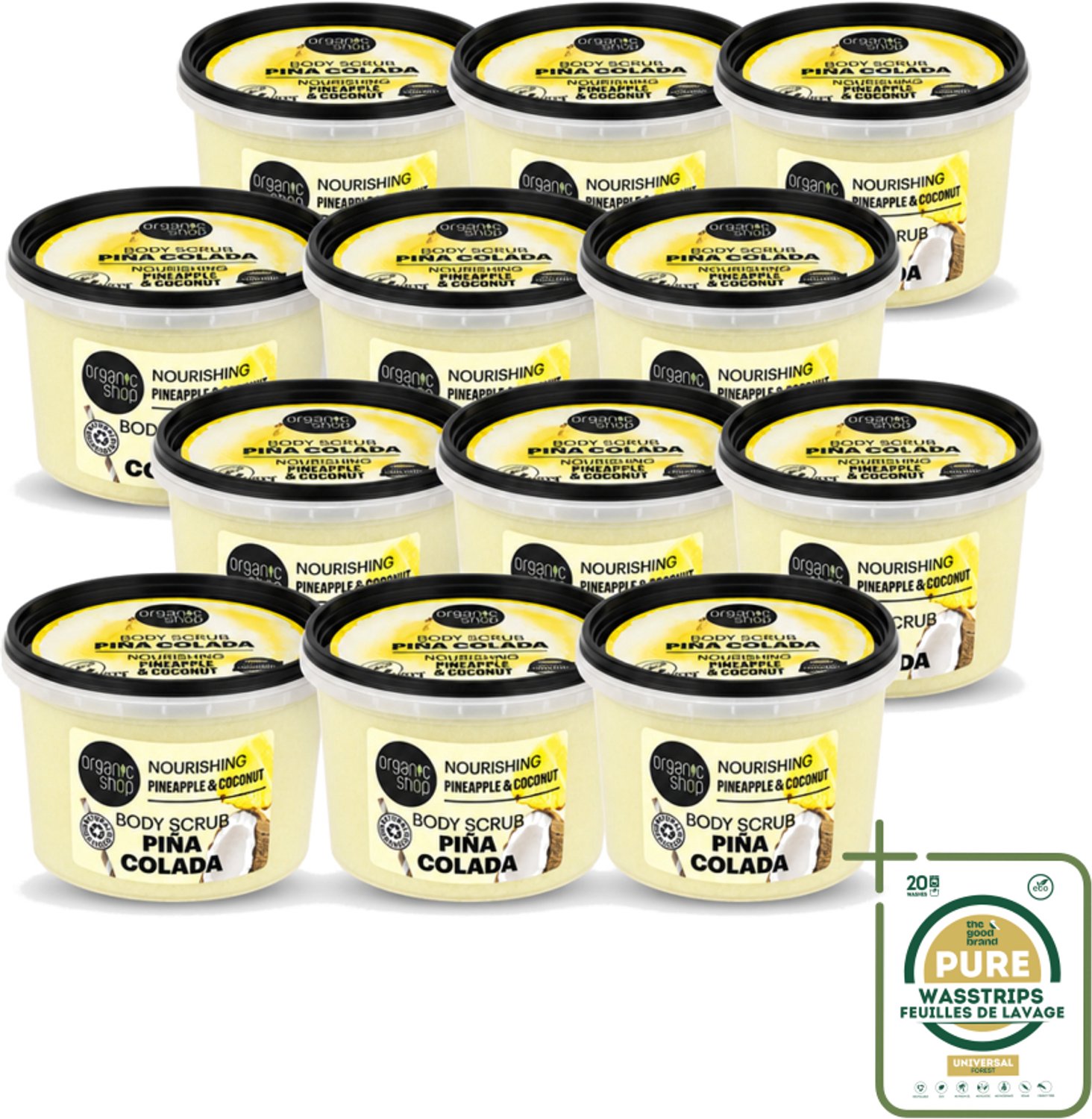 12 x Organic Shop - Body Scrub Pineapple & Coconut - Verfrissend en Voedend - 250 ml - Wasstrips - Bodyscrub - Exfoliatie - Huidverzorging - Suikerscrub - Tropische Geur
