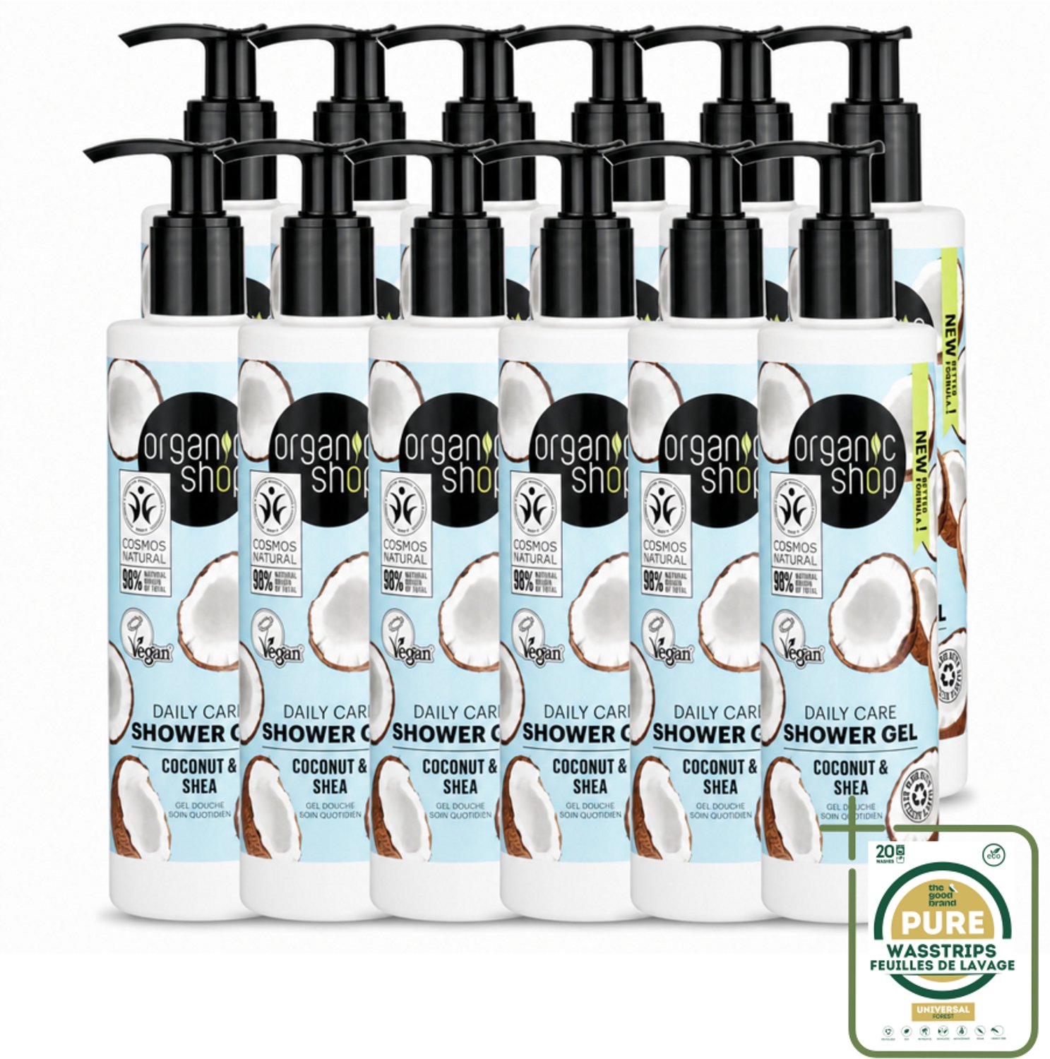 12 x Organic Shop - Daily Care Coconut & Shea Shower Gel - Hydratatie & Verzorging - 280 ml - Wasstrips - Douchegel - Natuurlijke Douchegel - Hydraterende Douchegel - Biologische Douchegel - Kokosdouchegel