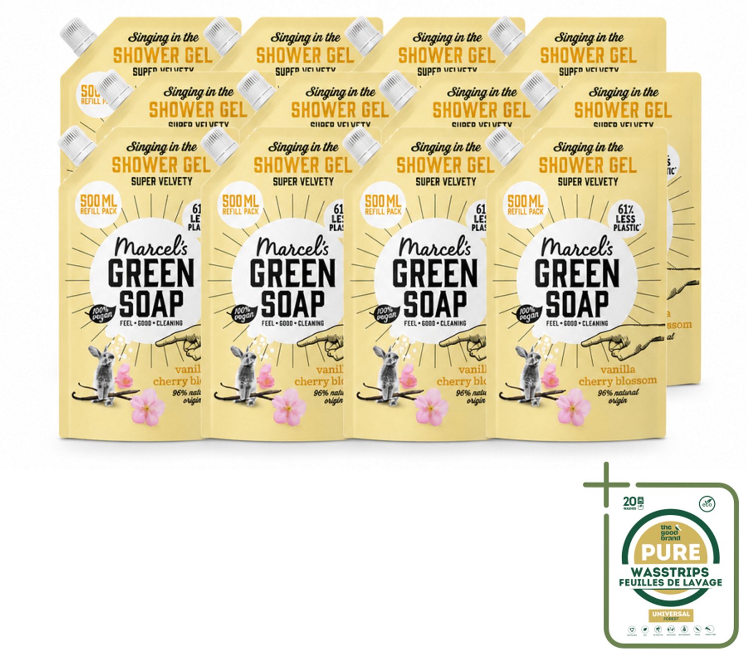 12 x Marcel's Green Soap - Shower Gel - Navulling - Vanille & Kersenbloesem - Krachtige werking - 500 ml - Wasstrips - Douchegel - Natuurlijke Douchegel - Ecologische Douchegel - Vegan Douchegel - Biologisch Afbreekbaar