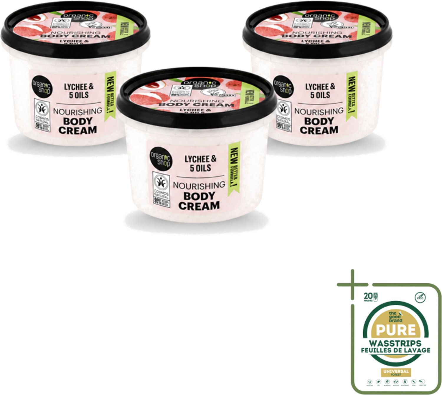 3 x Organic Shop - Nourishing Body Cream Lychee - Hydraterend en Voedend - 250 ml - Wasstrips - Hydraatende Crème - Voedende Crème - Lychee Crème - Natuurlijke Crème - Huidverzorging