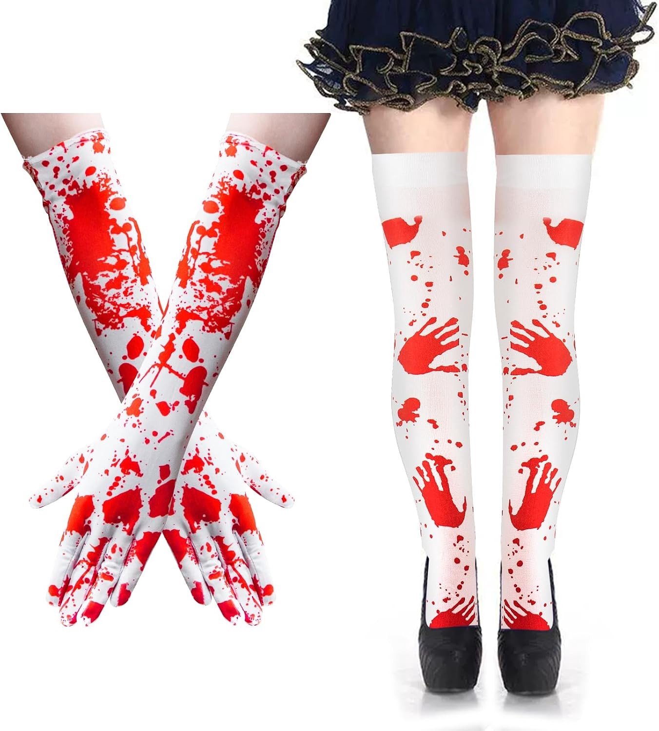 Vrouwen Hoge Sokken en Bloedige Gespoten Handschoenen voor Halloween Festival Cosplay Kostuum Feest, Maat Wit