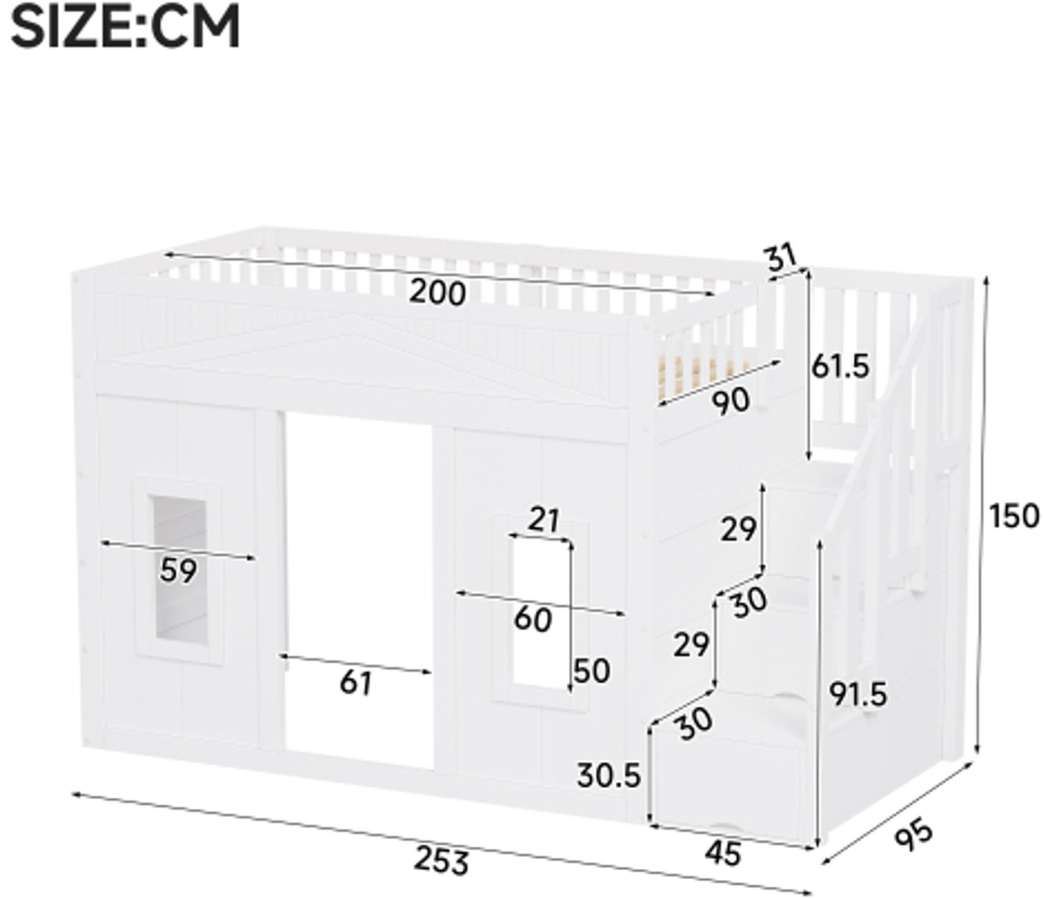 Zubaliya Kinderbed, Eenpersoonsbed, 90x200 Hoogslaper met opbergtrap en raam, Wit