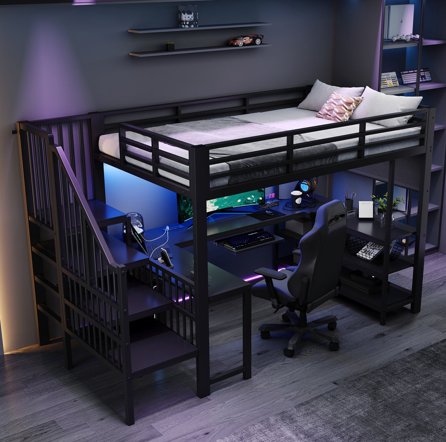MODFU Gaming Hoogslaper - U-Vormig Bureau En Trap - Metaal En MDF - Zwart - 120 X 200 Cm