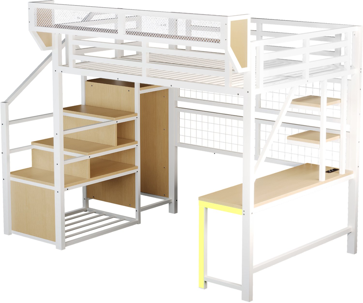MUVANO Witte metalen hoogslaper 140x200 cm - Met bureau, open opbergvakken en kledingkast - Opbergnet, ledverlichting en stopcontacten - Slaapkamer