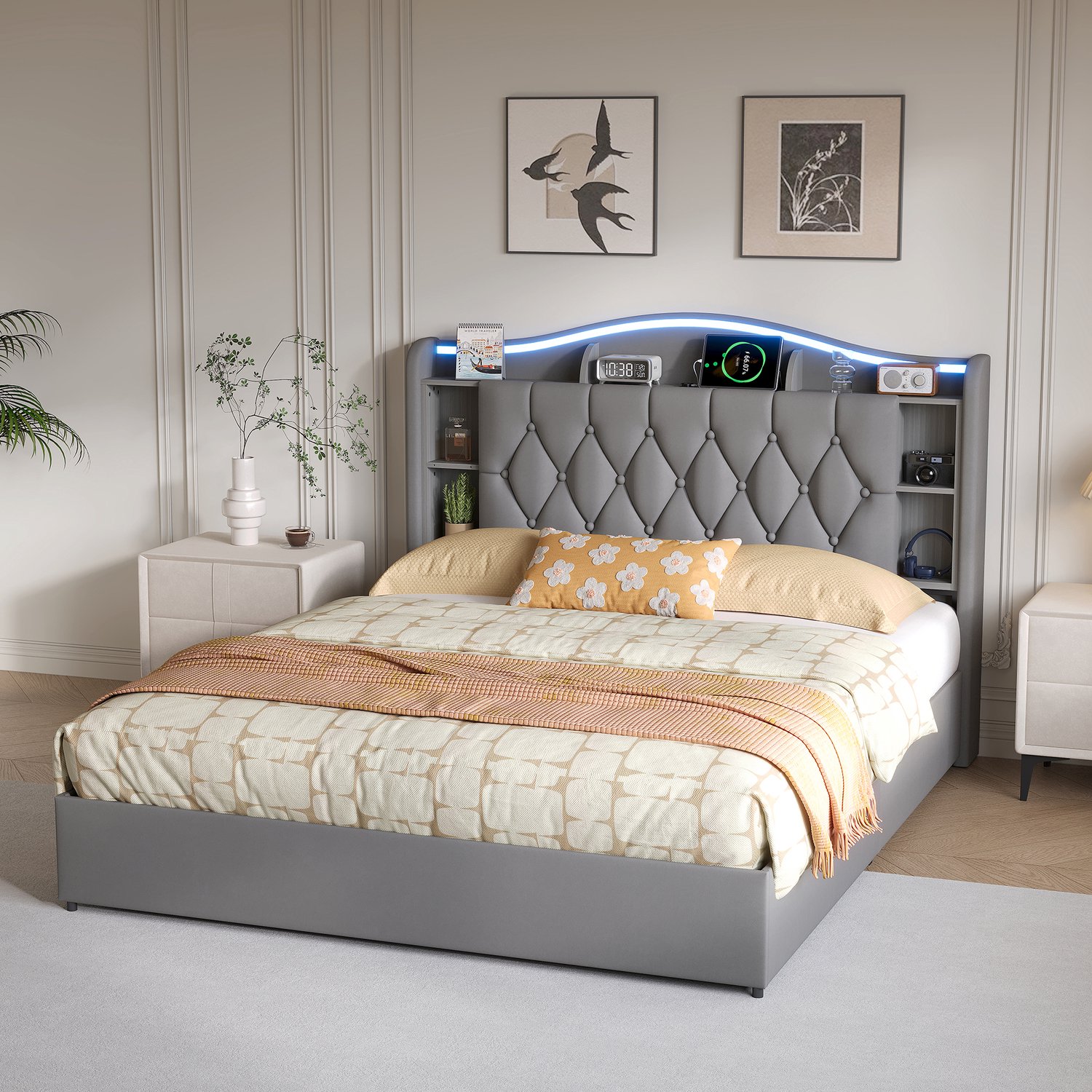 Yelenaro Gestoffeerd bed 140x190 cm met LED-Verlichting, Type-C- en USB-Aansluitingen, Hydraulisch Opbergbed met 7 Opbergvakken in het Hoofdeinde, Fluweel Grijs