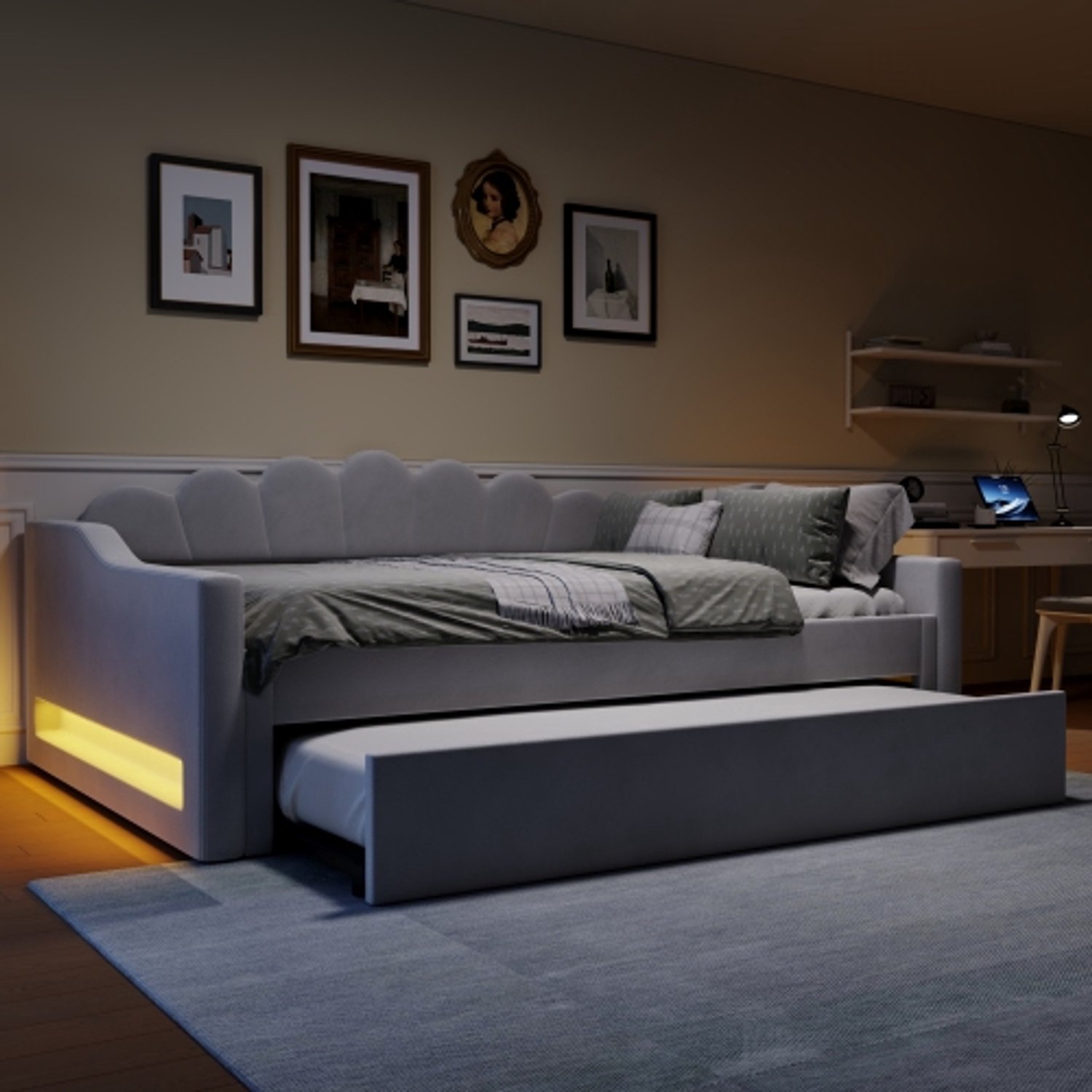 Zubaliya Kinderbed, Tweepersoonsbed, Gestoffeerd 140 x 200 cm dagbed met LED-strip en uitschuifbed, Grijs