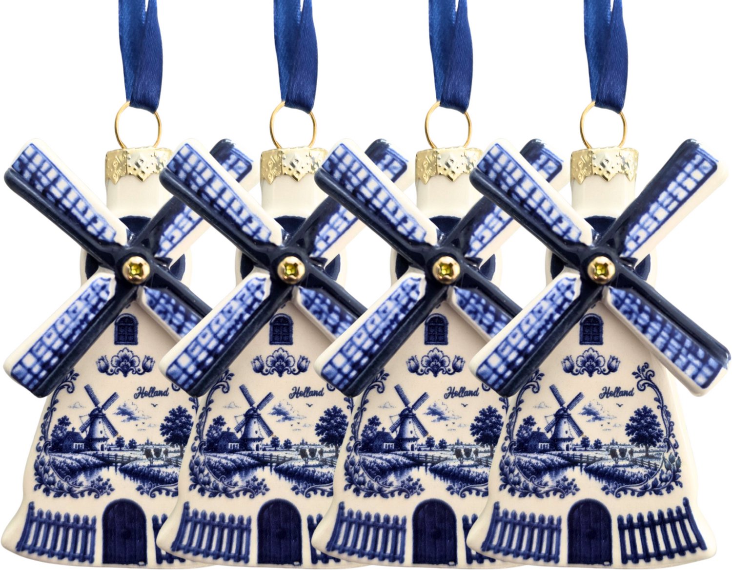 TTD Gifts Kerstornamentjes - set van 4 stuks - Molens - Holland gifts - Typisch Hollands Delfts blauw