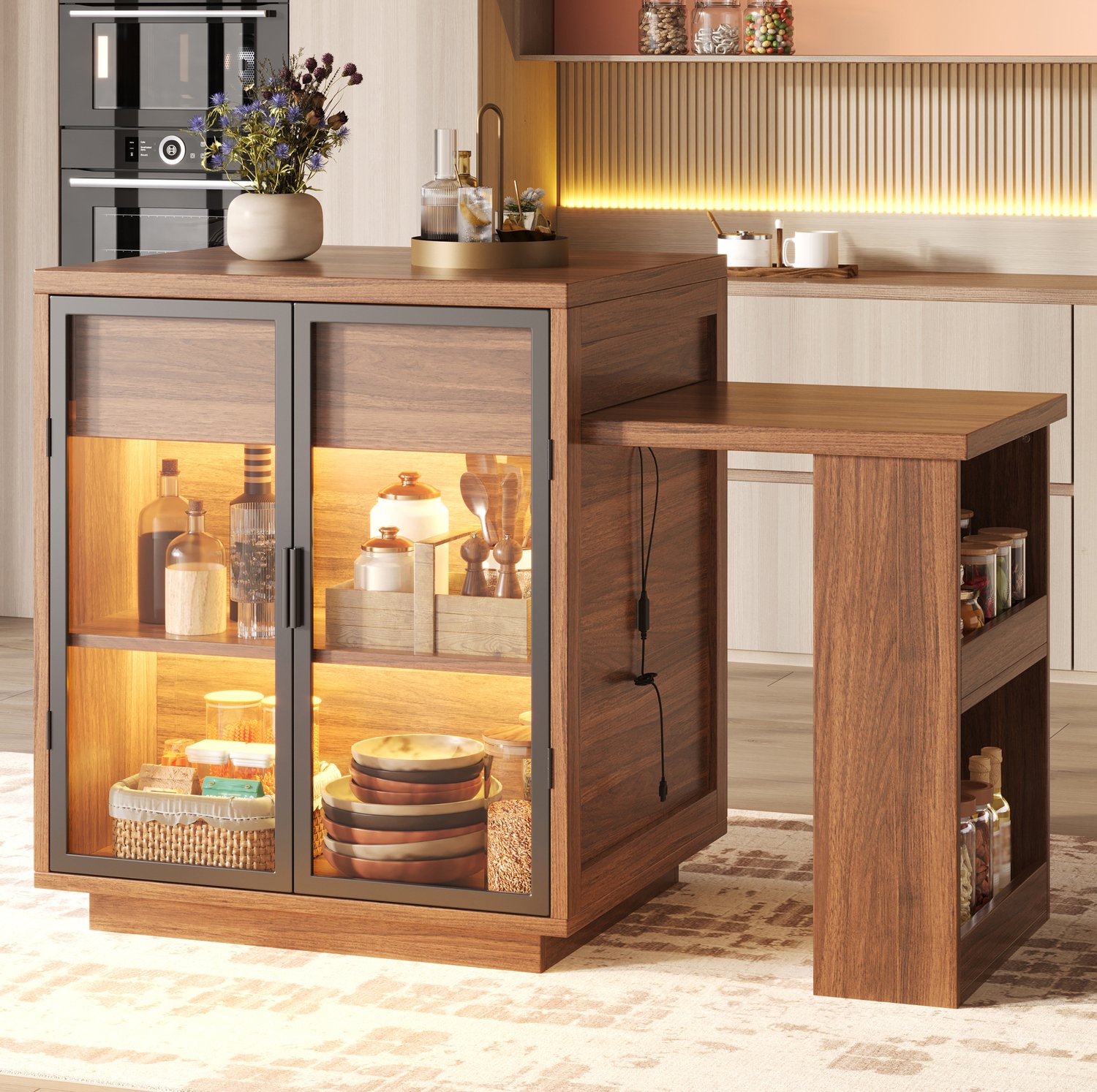 HAUSS SPOLE Eettafel - Uitschuifbaar met Kast en Lade - Keukeneiland met Ledverlichting - Mdf en Metaal - 122 tot 194,5 x 70 x 94 cm - Donkerbruin
