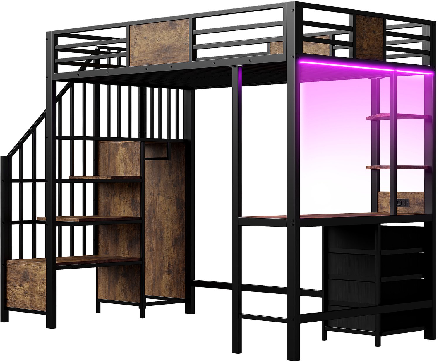 MUVANO Metalen hoogslaper 90x200 met bureau - Opbergvakken en kledingroede - Ledverlichting en stopcontact - Voor kleine slaapkamers - Zwart