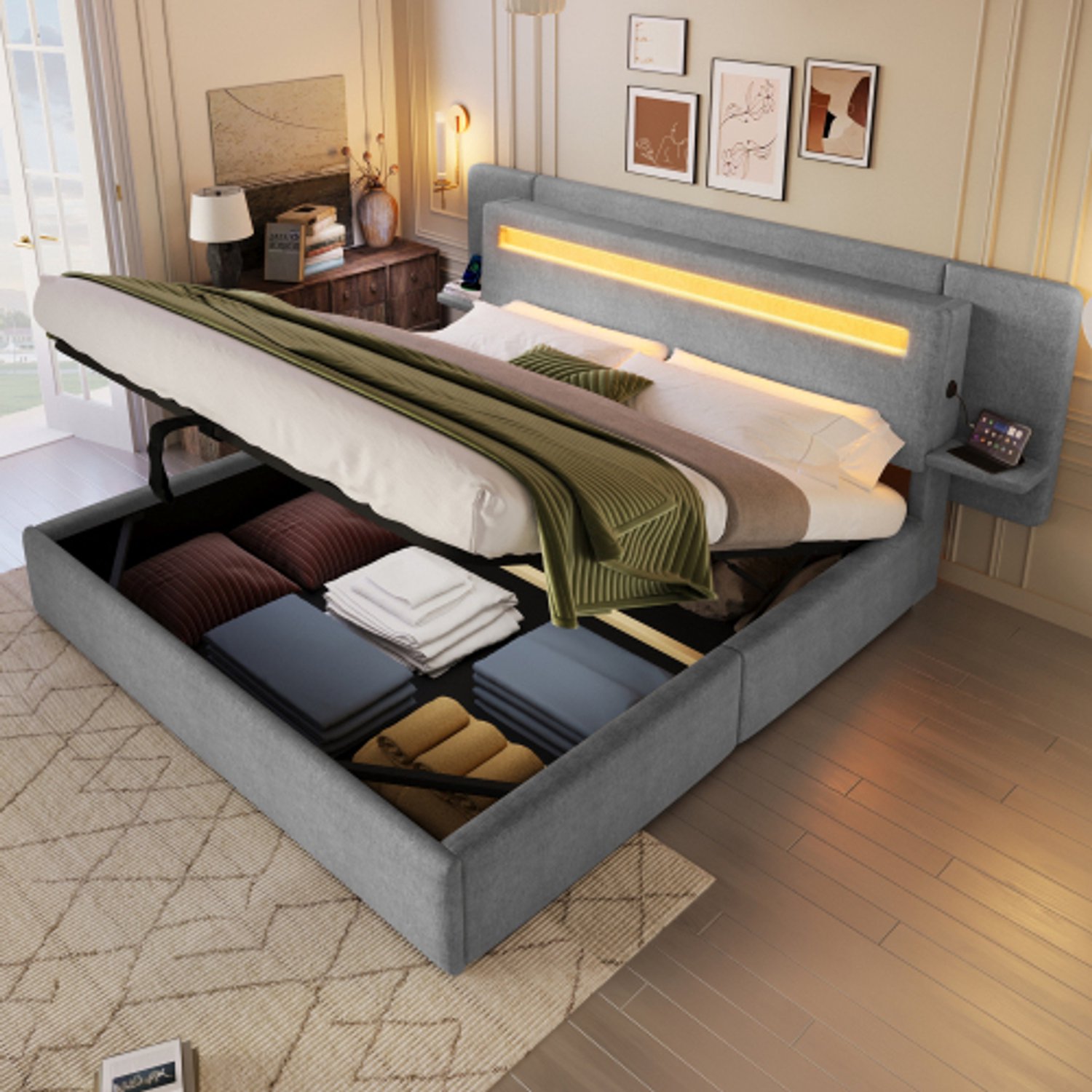 Zubaliya Kinderbed, Tweepersoonsbed, 180 x 200 cm Gestoffeerd bed, hydraulische opbergruimte, geïntegreerd nachtkastje & USB-aansluiting, meerkleurige LED-lichtstrip grijs