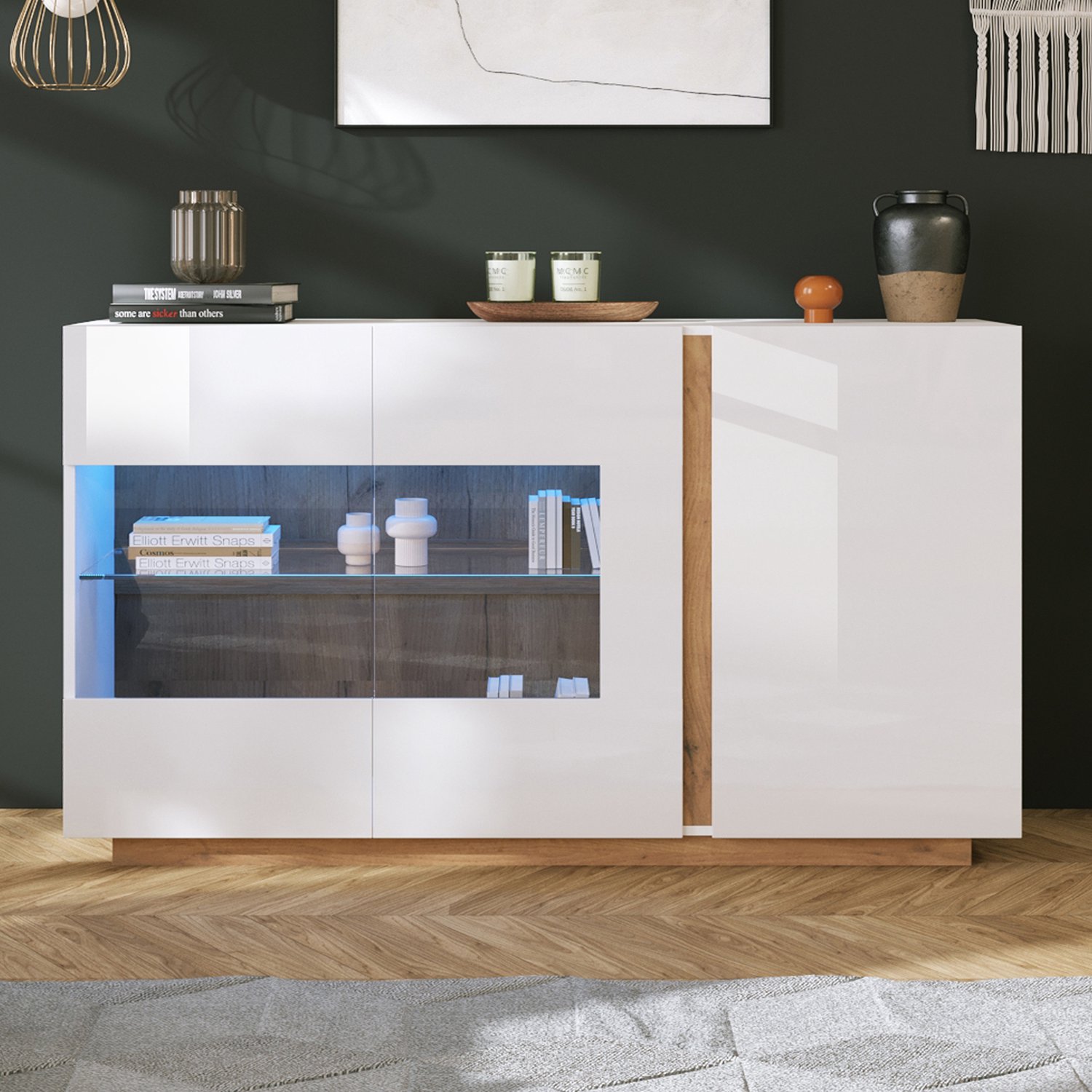 DantefHandels Bijzettafel en Opbergkast, Wit Hoogglans Dressoir 138 x 38 x 90,5 cm, spaanplaat en glas, houten onderstel, moderne kast voor hal en woonkamer, bijzettafel en opbergkast