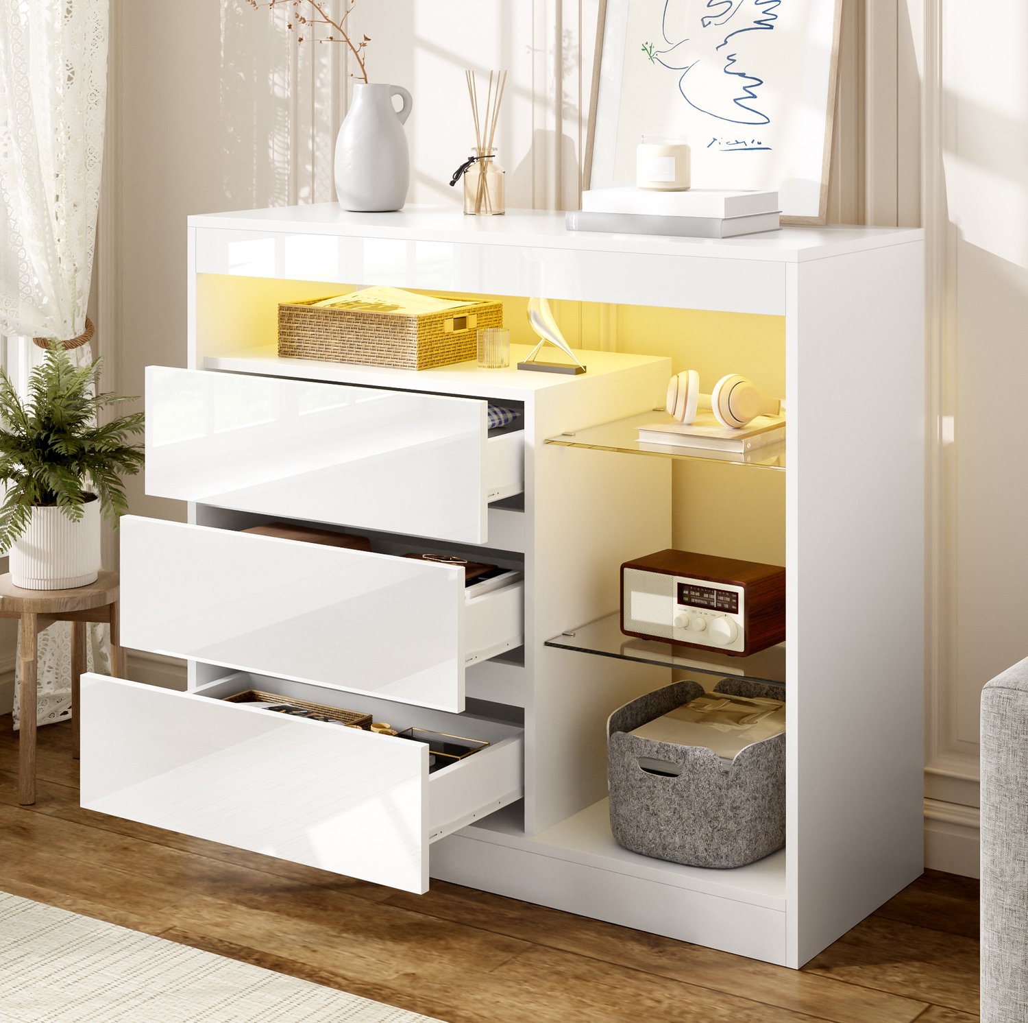 REDOM Hoogglans dressoir 90x35x80 cm - 3 laden en glazen planken - LED-verlichting - Wit