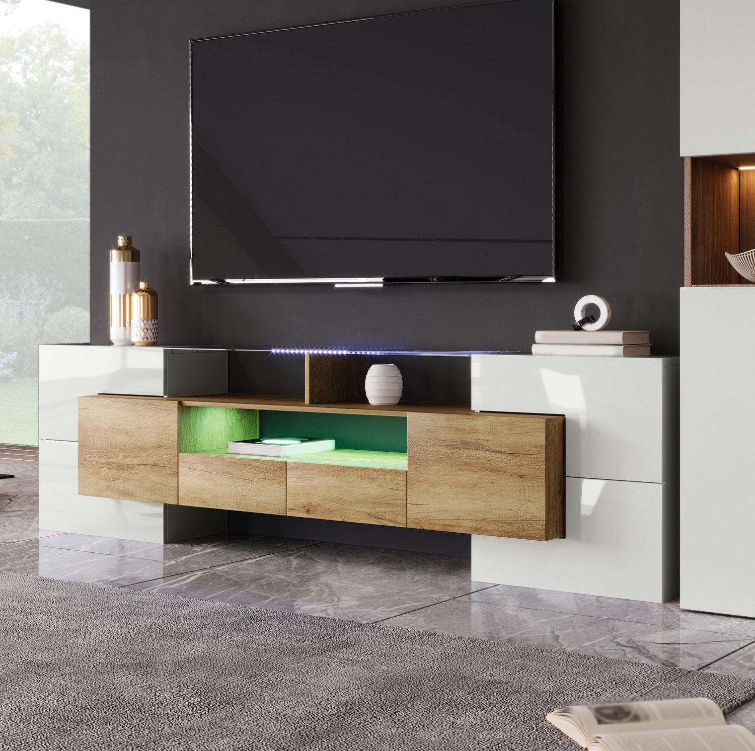 Maisentiel Tv-meubel 200 cm met ledverlichting, 2 lades en open vakken Houtkleurig