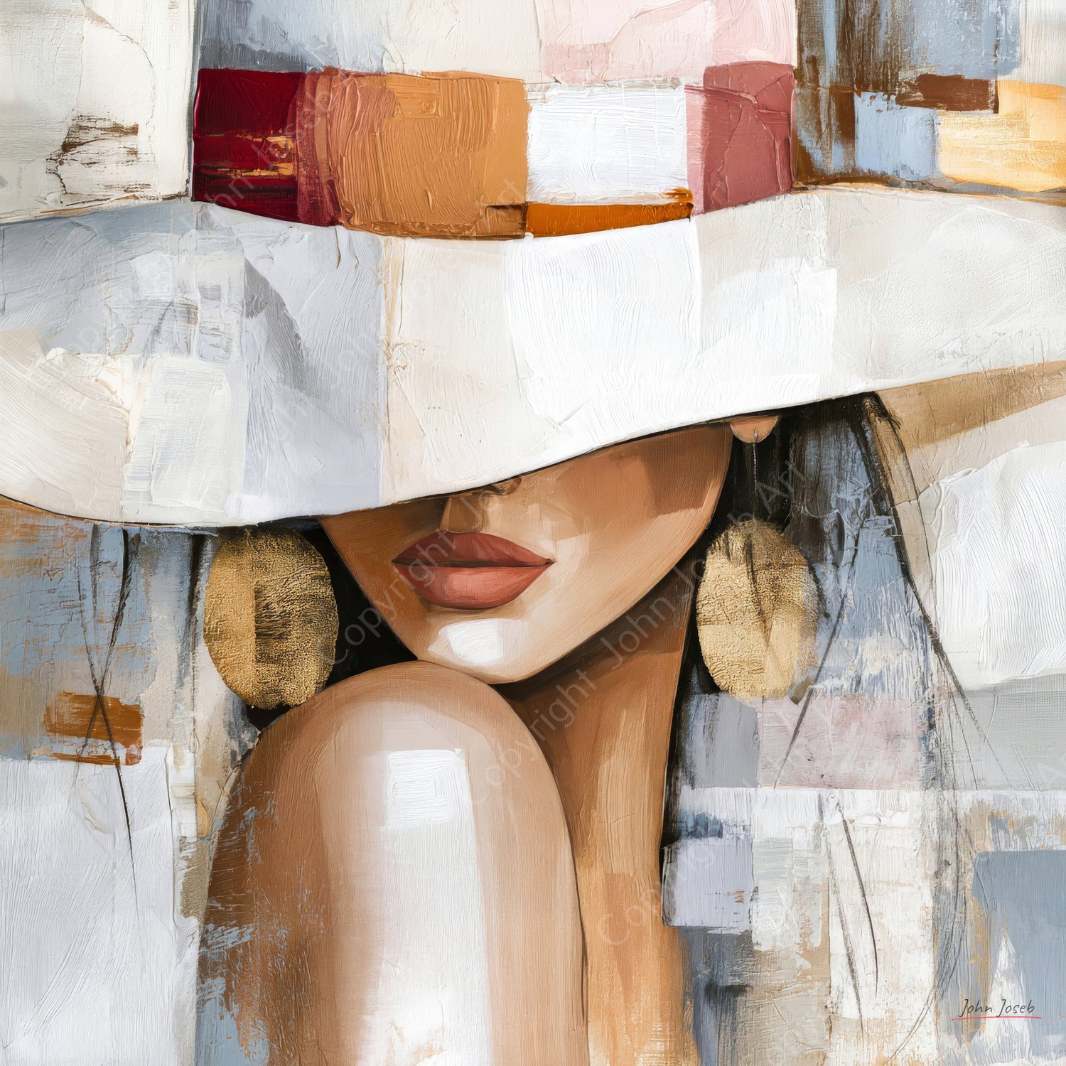 John Joseb Art (Canvas) 60x60 | Mooie vrouw met hoed, abstract, Japandi stijl, bruin, kunst, vierkant, mens, wit, blauw, goud, modern | Foto-Schilderij canvas print (wanddecoratie) Canvas, dikte 2 cm