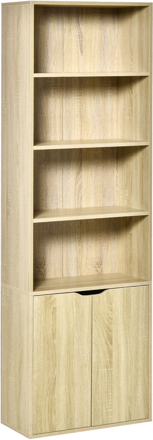 Lunpog Boekenkast met 6 planken - opbergkast - 59 x 29 x 180 cm - zwart | Boekenkast - 4 open vakken - 2 deuren - opbergrek - Natuurlijk hout Bois naturel