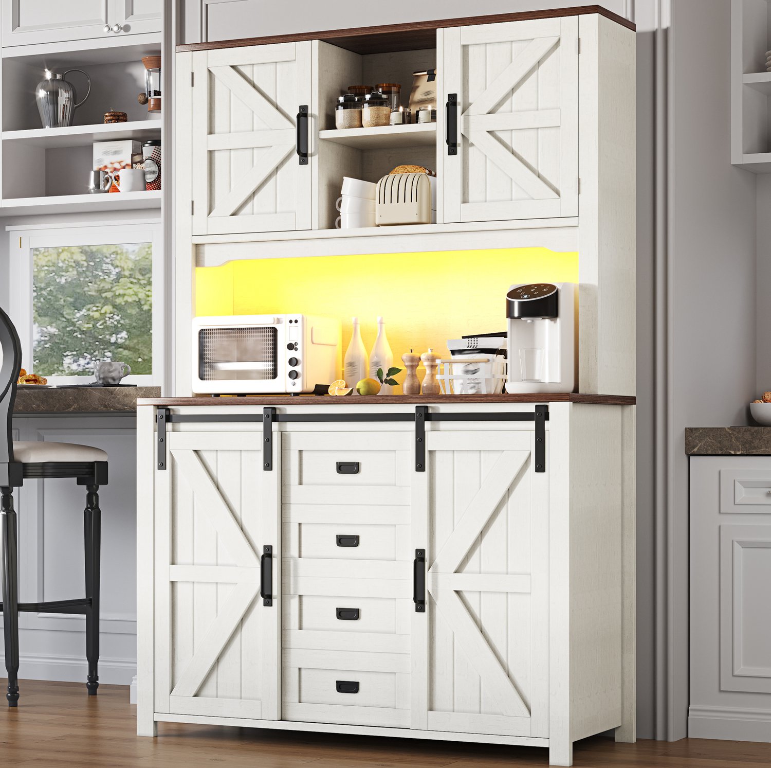 Maisentiel Hoge keukenkast met schuifdeuren, lades en LED-verlichting - wit - 115 cm