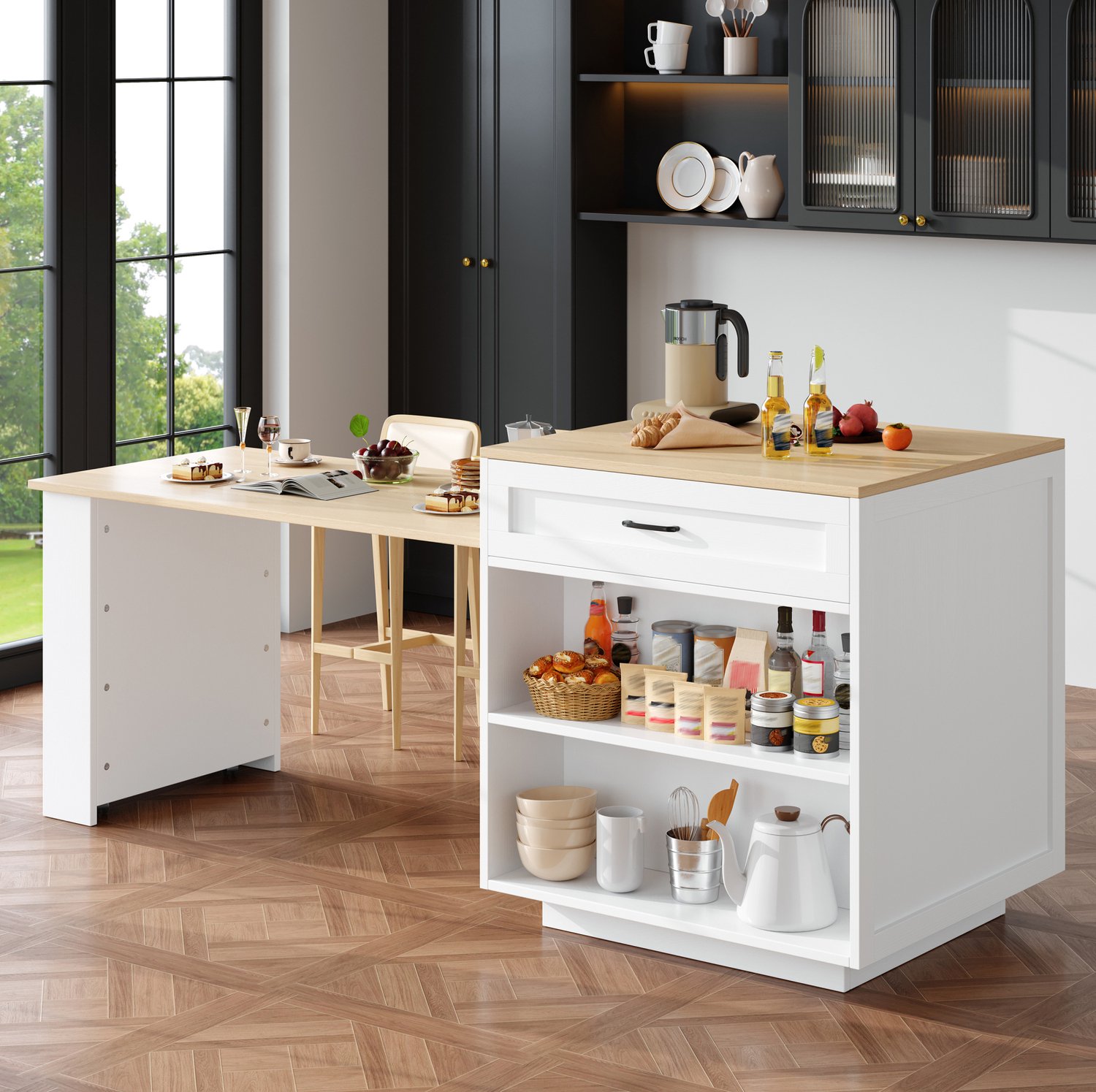Maisentiel Uitschuifbare bartafel met opbergruimte - 133-202 x 70 x 93,5 cm - wit