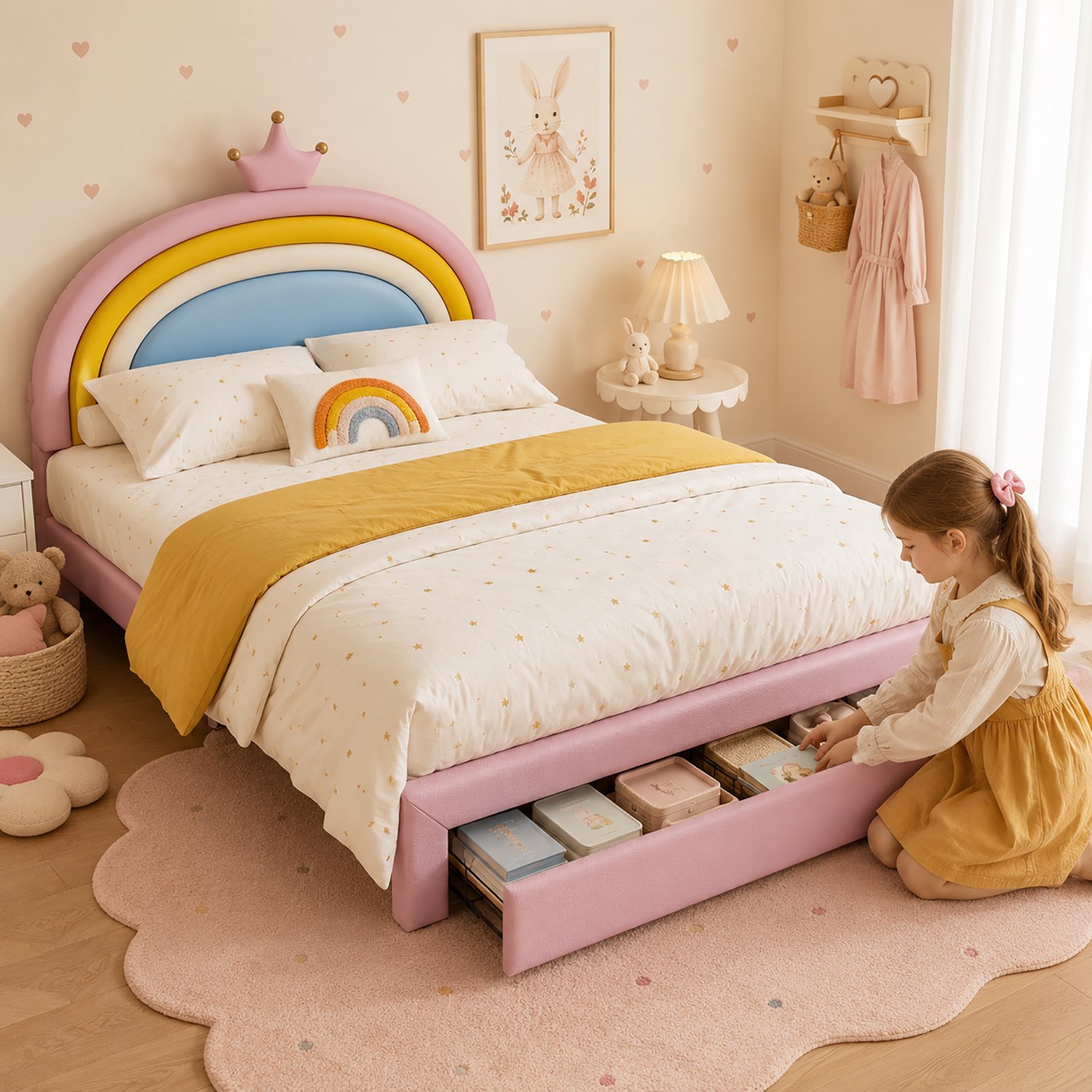 VVBV Kinderbed Gestoffeerd Bed 140x200 cm - Roze - Regenboog & Kroon Hoofdbord - Verstelbaar - Met Lade - PU Leer - Tot 220 kg
